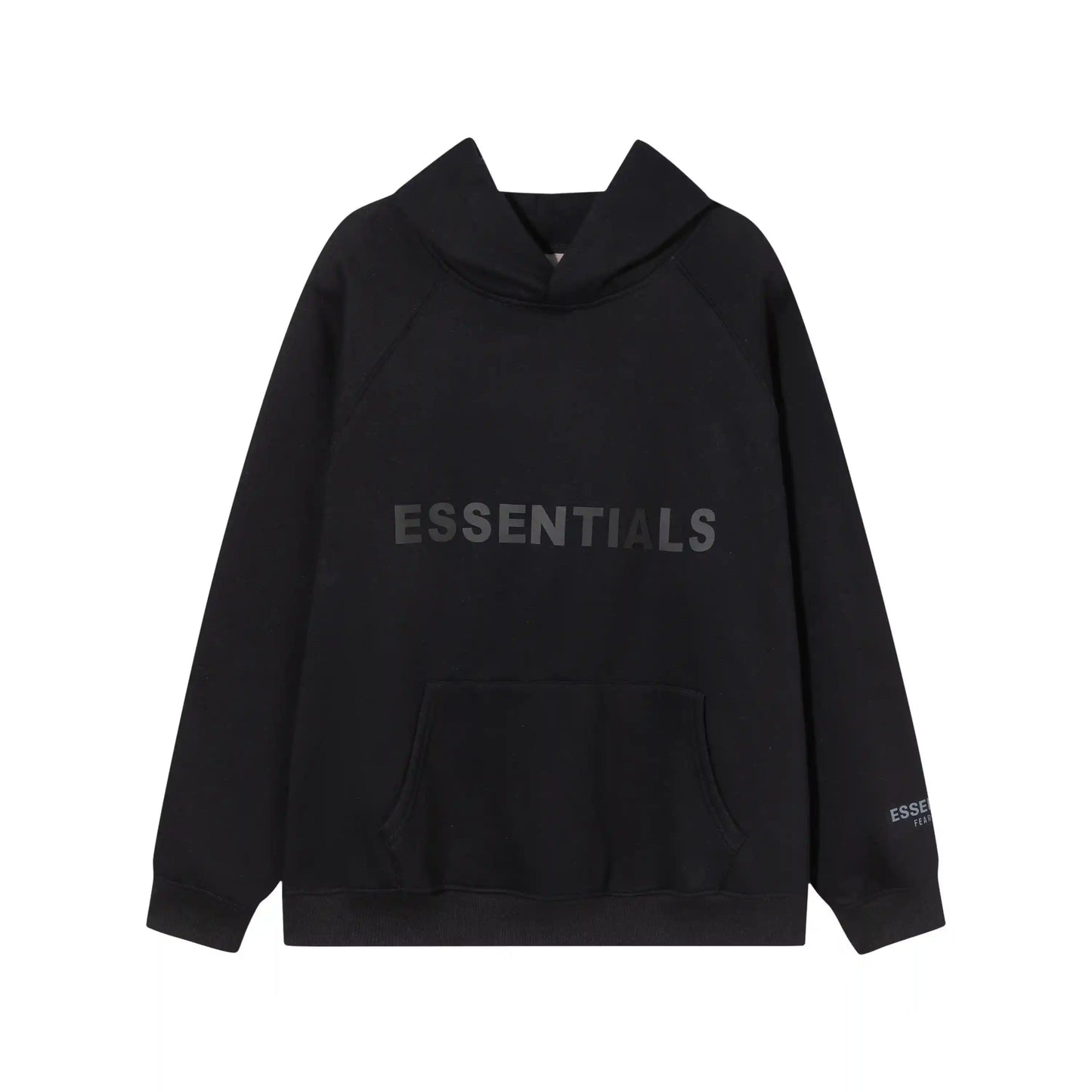 Black Essentials hoodie center front rubberized black bar branding detail