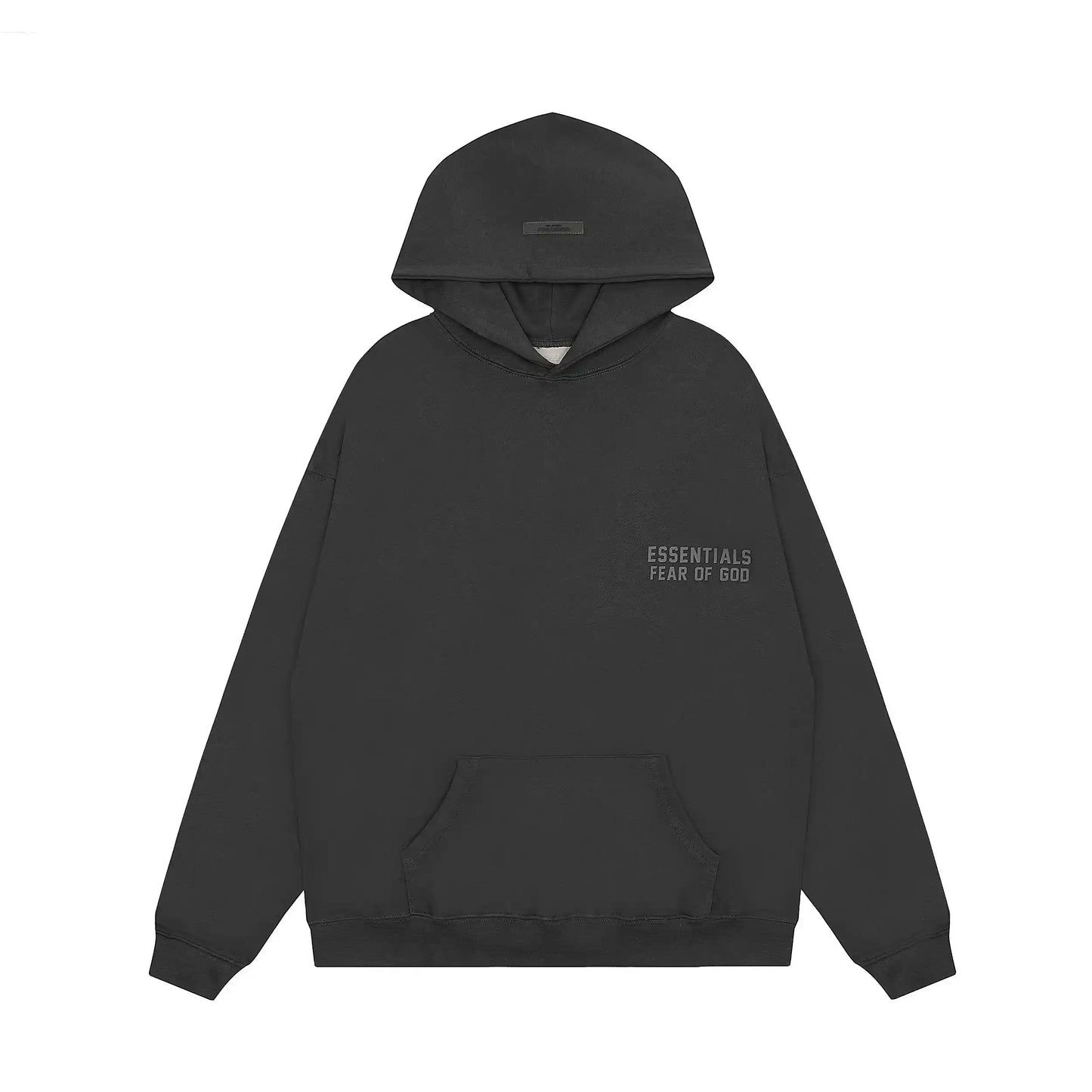 Essentials Black hoodie set branding detail close-up