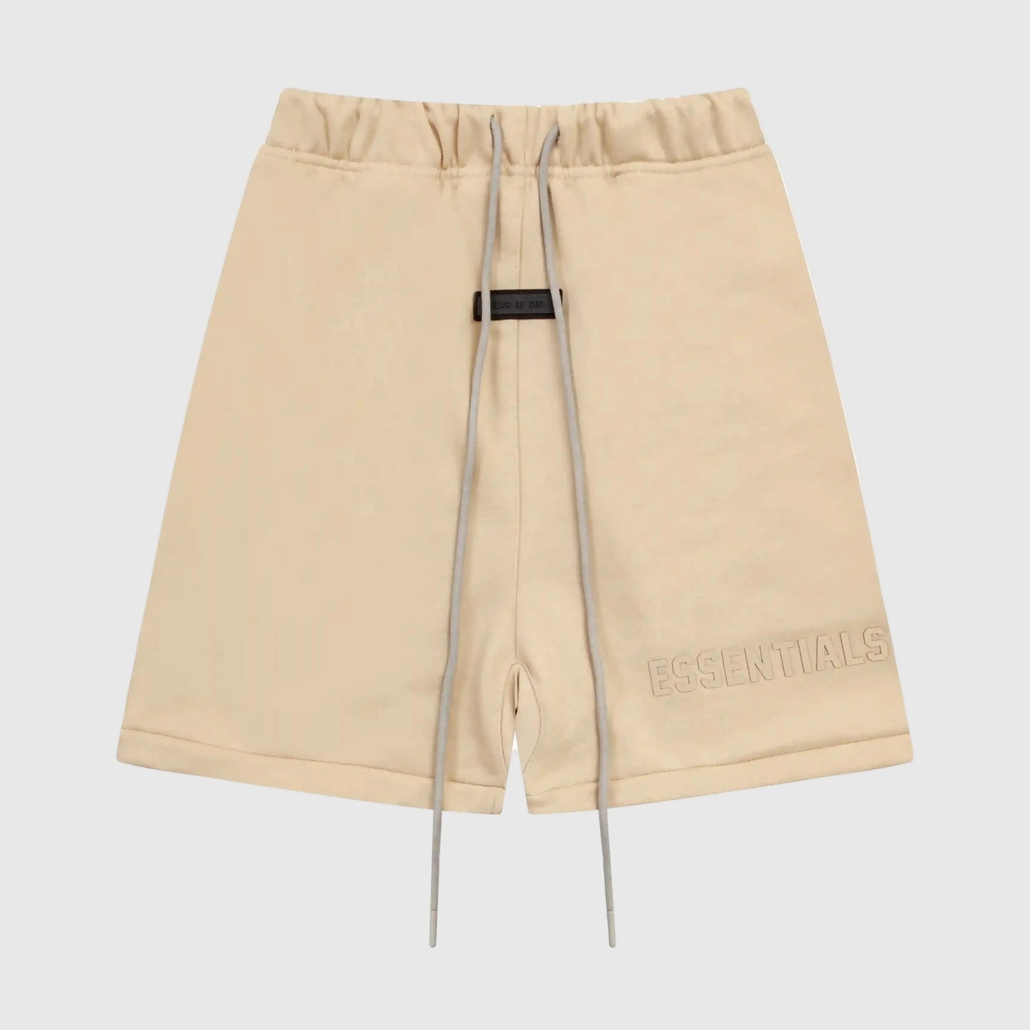 Fear of God Essentials Calm Shell beige fleece shorts with tonal branding and drawcords