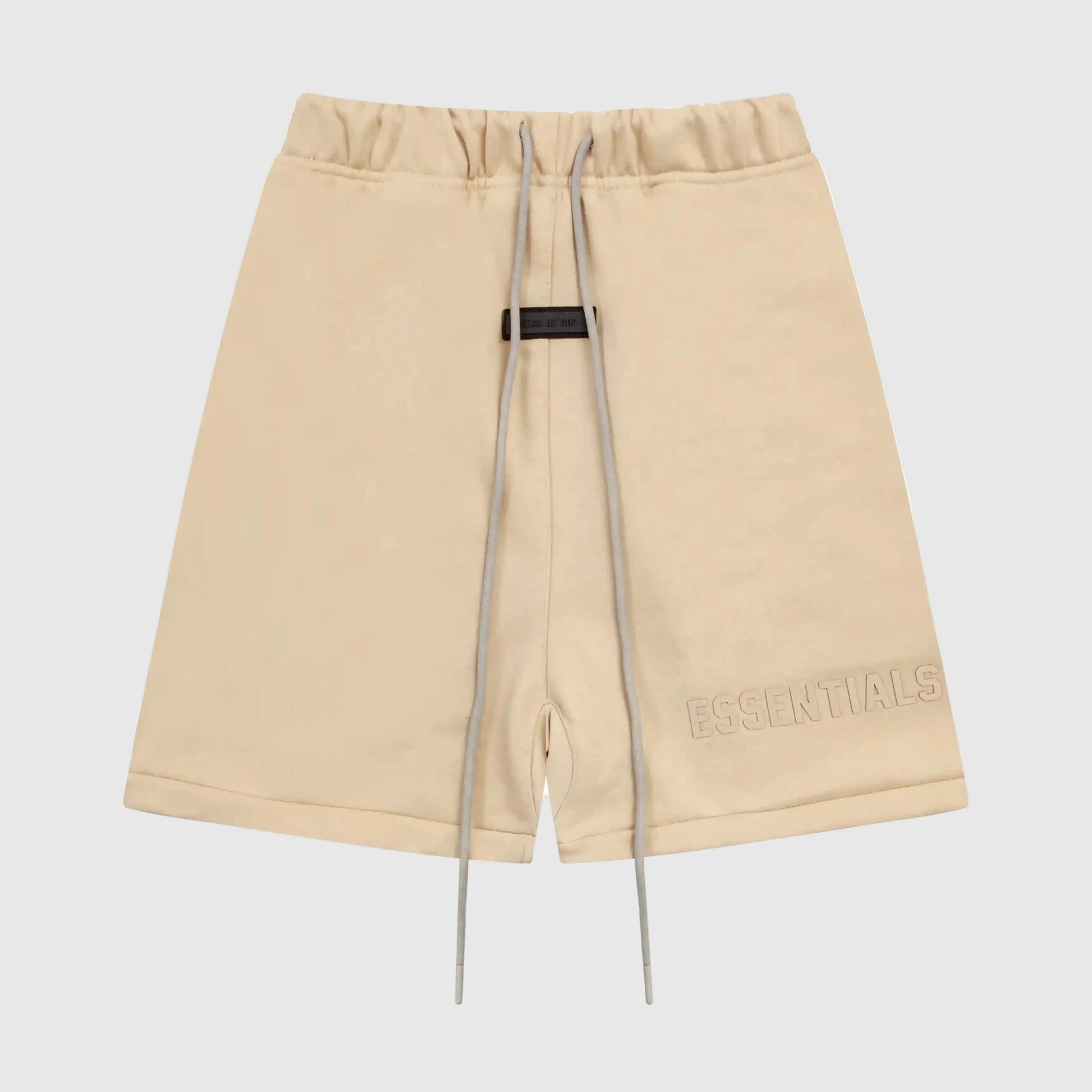 Fear of God Essentials Calm Shell beige fleece shorts with tonal branding and drawcords
