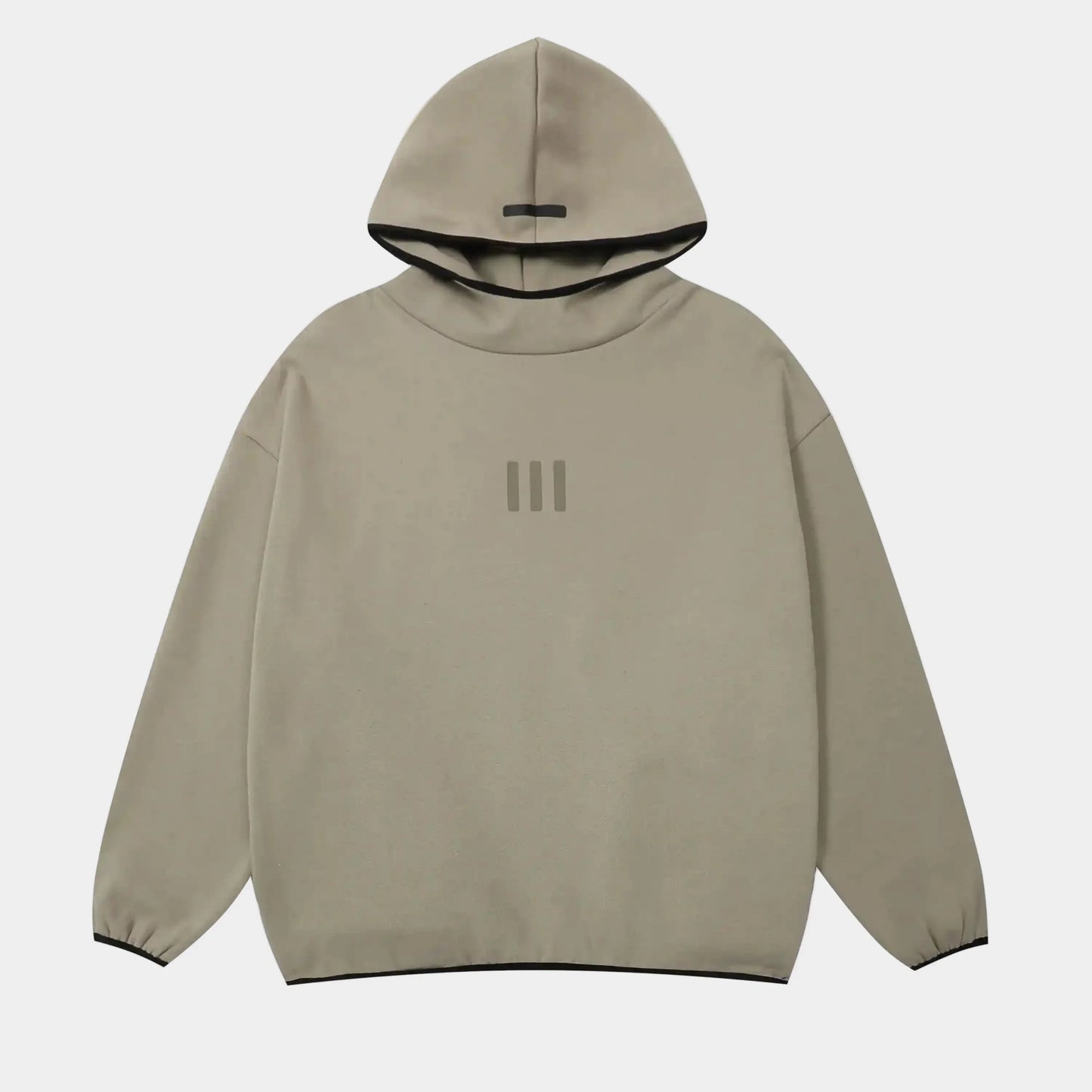 Fear of God Essentials cement hoodie front view with rubberized black bar branding