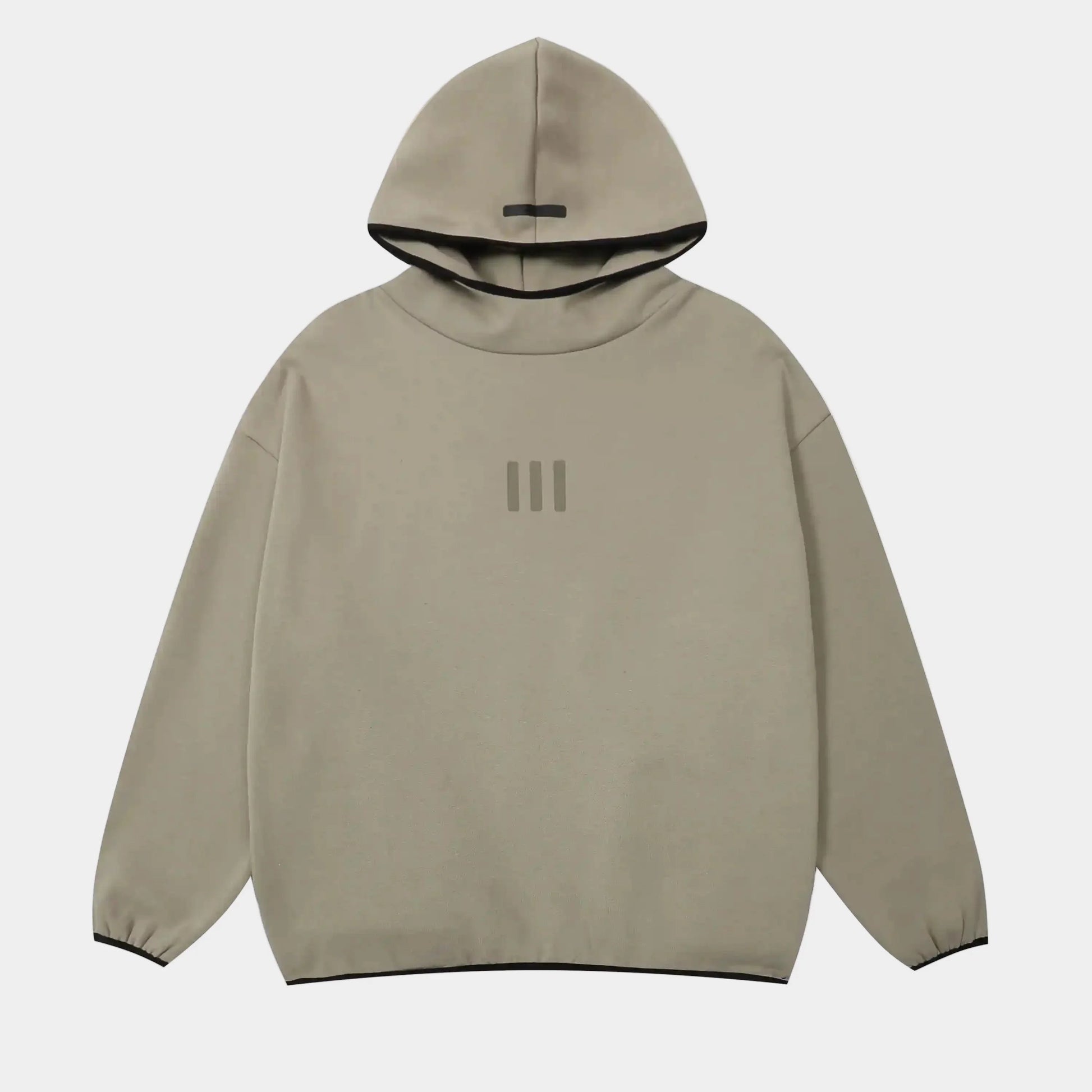 Fear of God Essentials cement hoodie front view with rubberized black bar branding