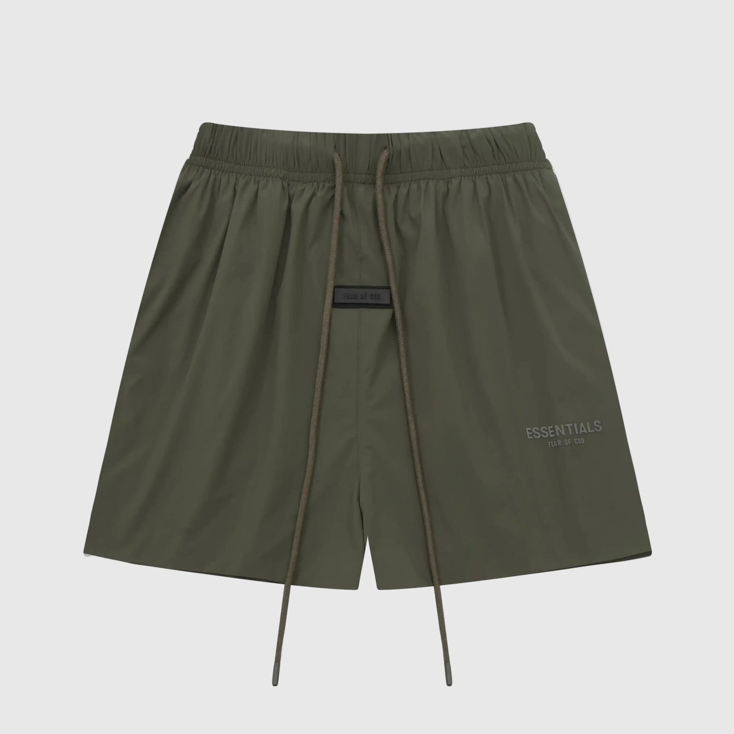 Fear of God Essentials Hemlock fleece shorts in green with tonal branding and relaxed fit