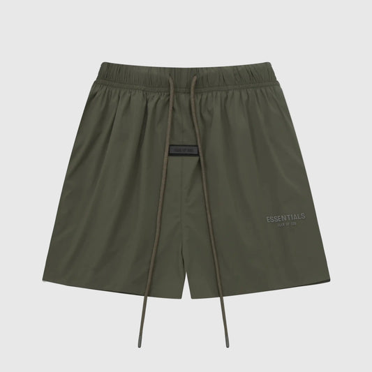 Fear of God Essentials Hemlock fleece shorts in green with tonal branding and relaxed fit
