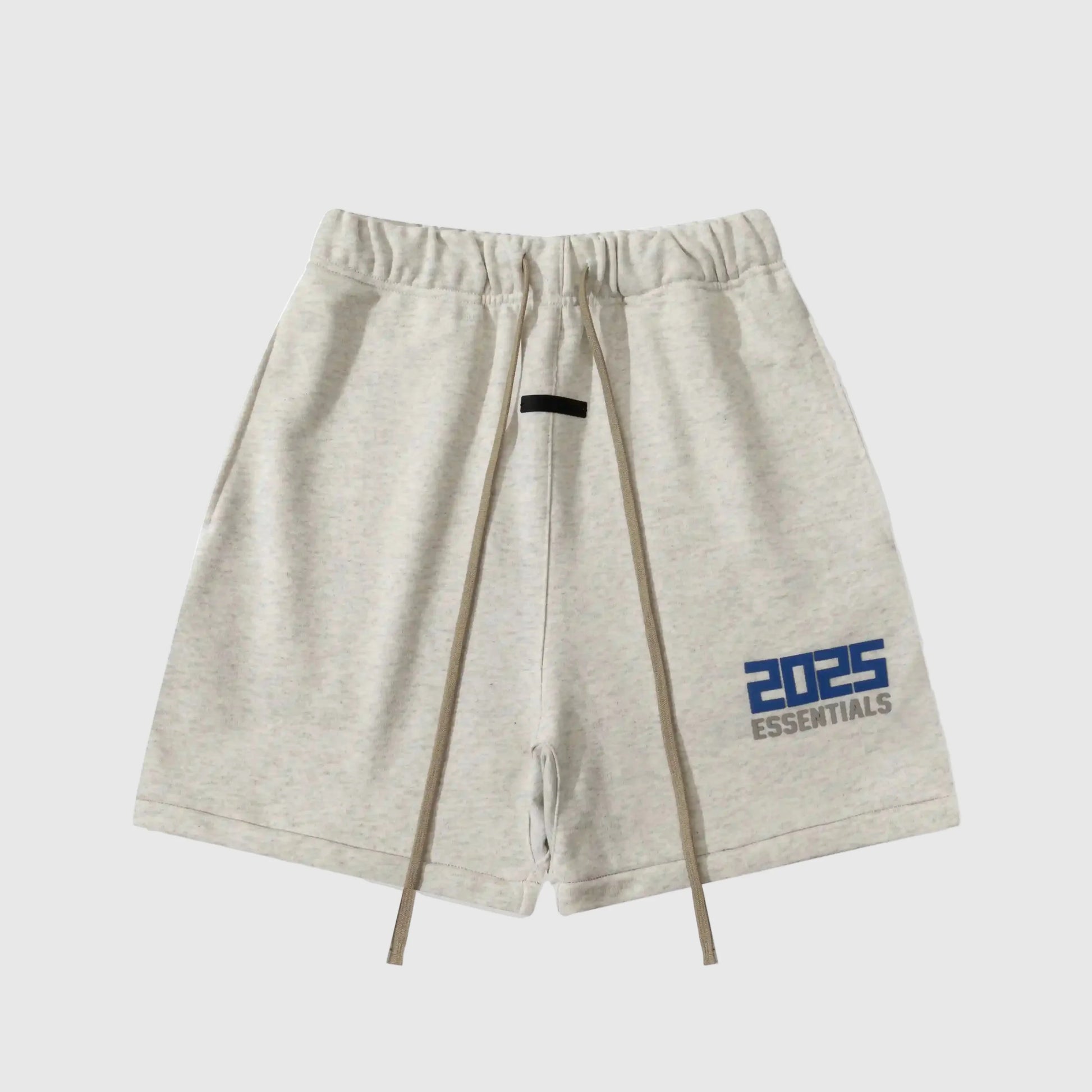 Essentials Light Heather Oatmeal fleece shorts front view – Fear of God