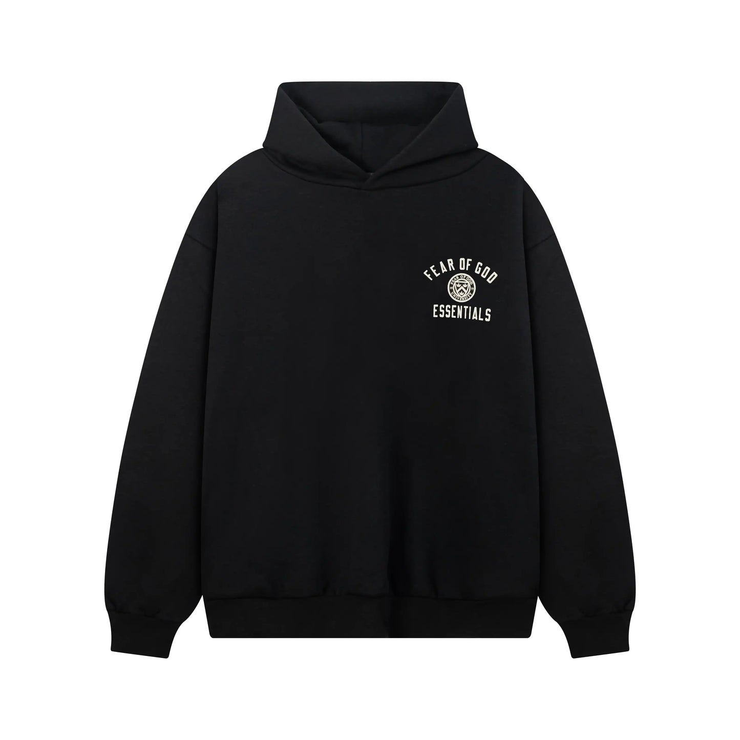 Black Essentials hoodie center front rubberized black bar branding detail