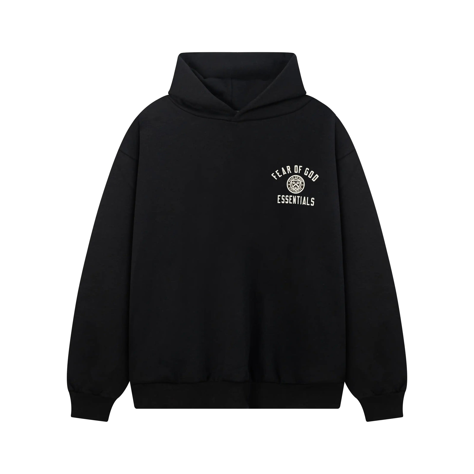 Black Essentials hoodie center front rubberized black bar branding detail