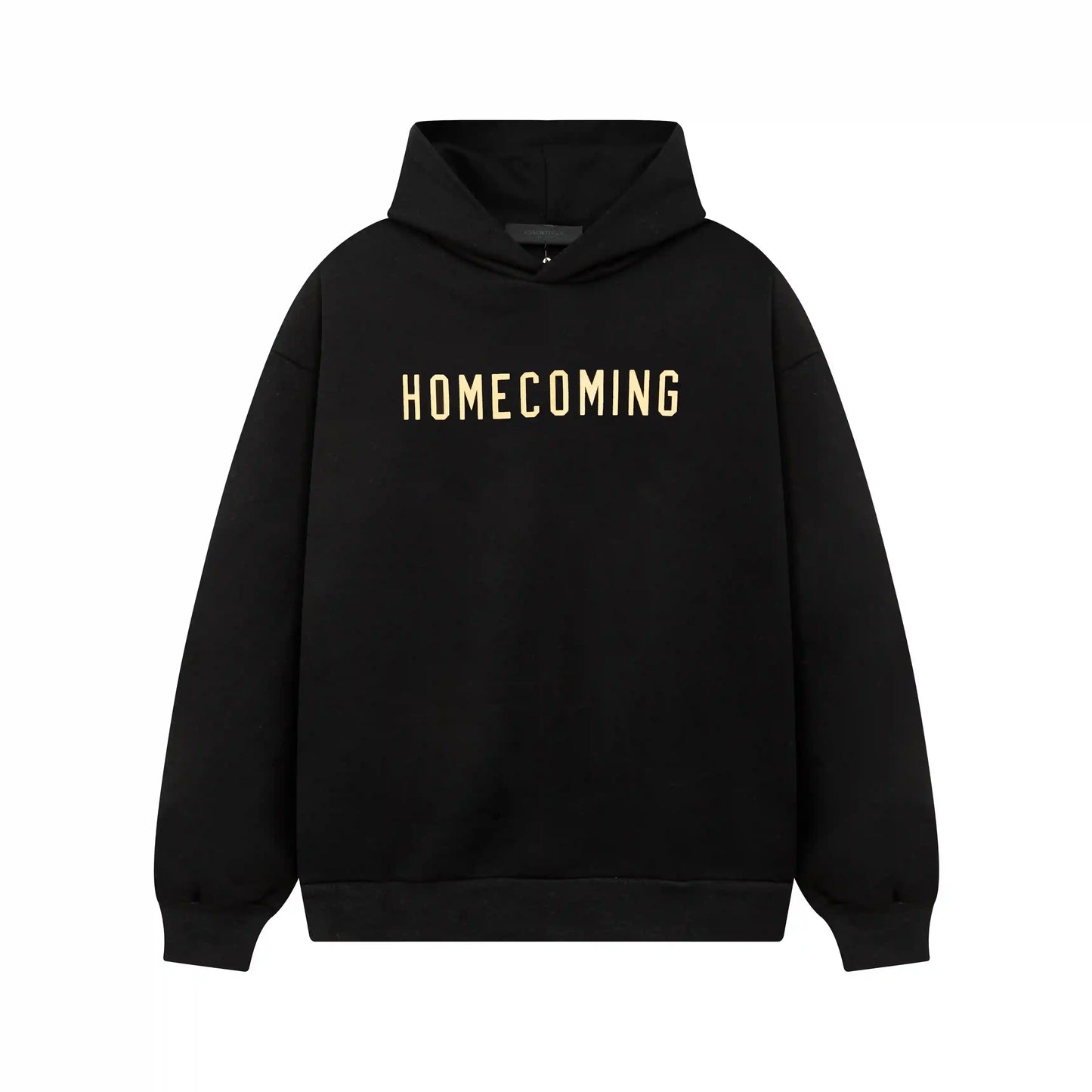 Essentials Black hoodie set branding detail close-up