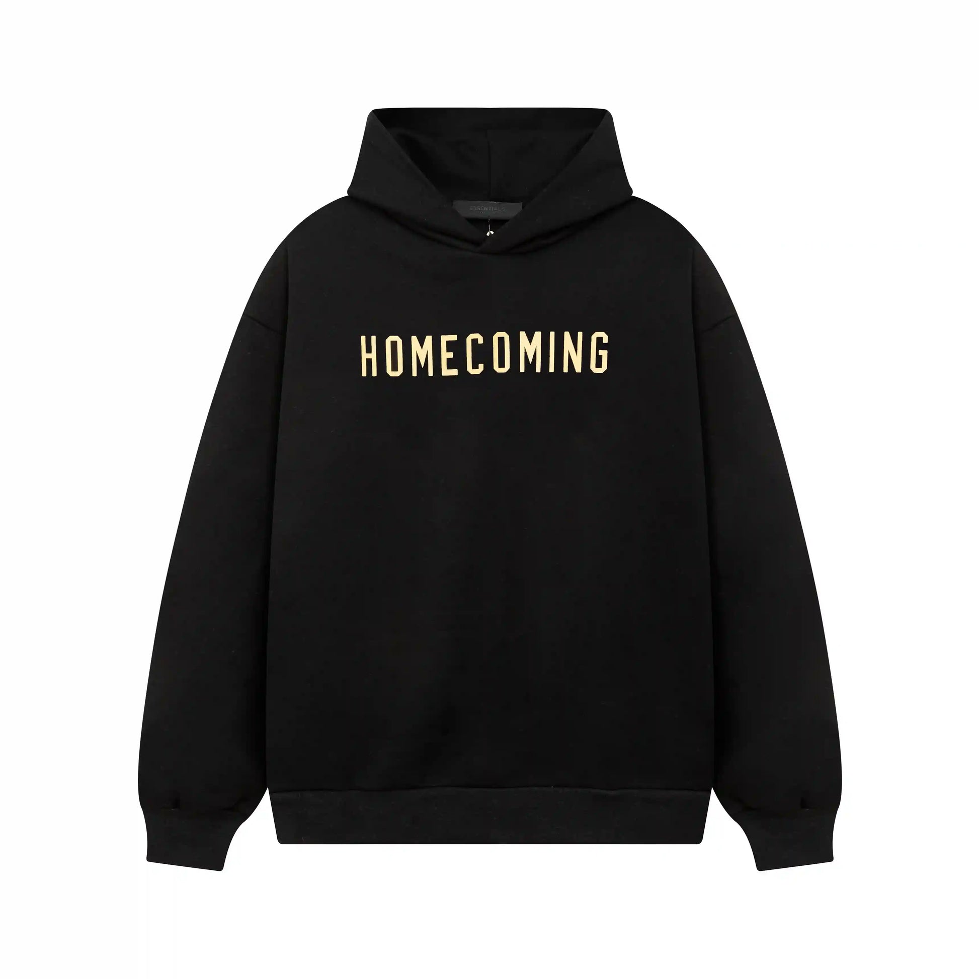 Essentials Black hoodie set branding detail close-up