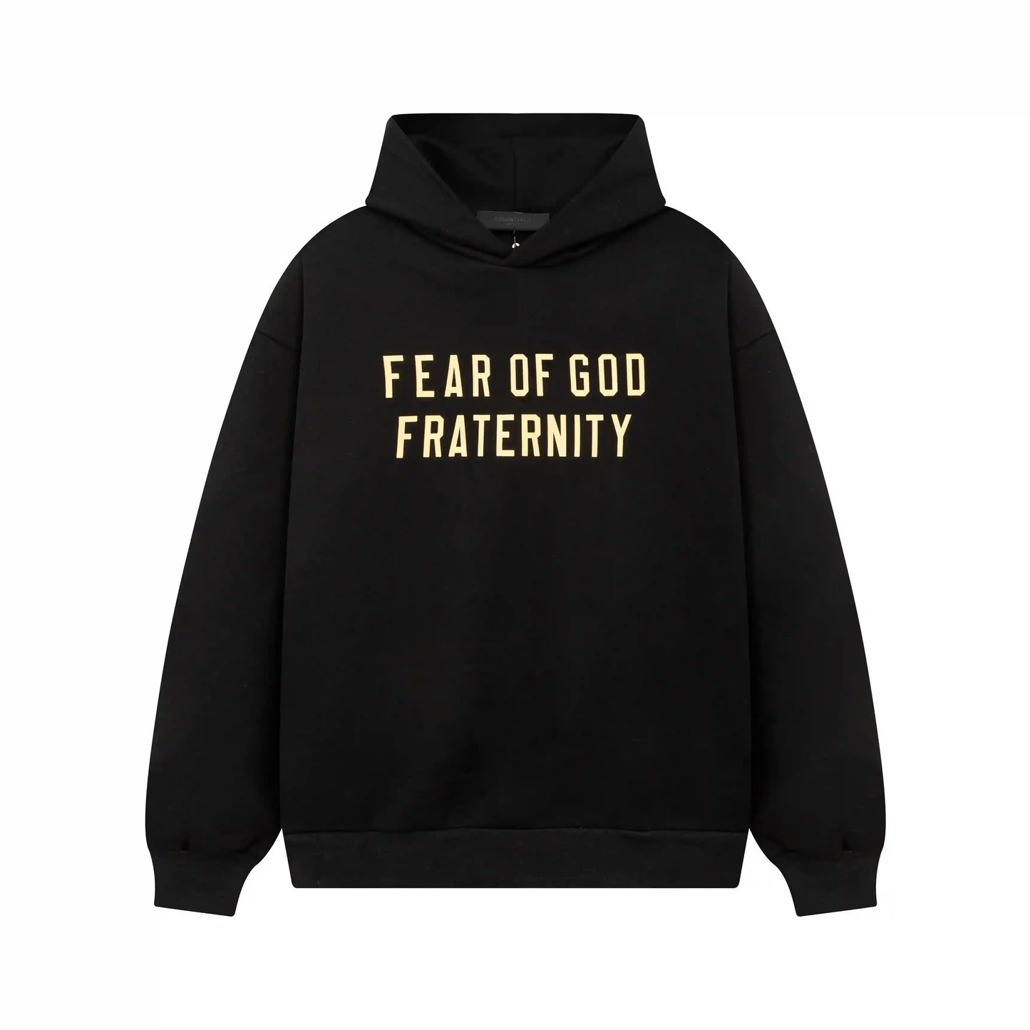 Black Essentials hoodie center front rubberized black bar branding detail