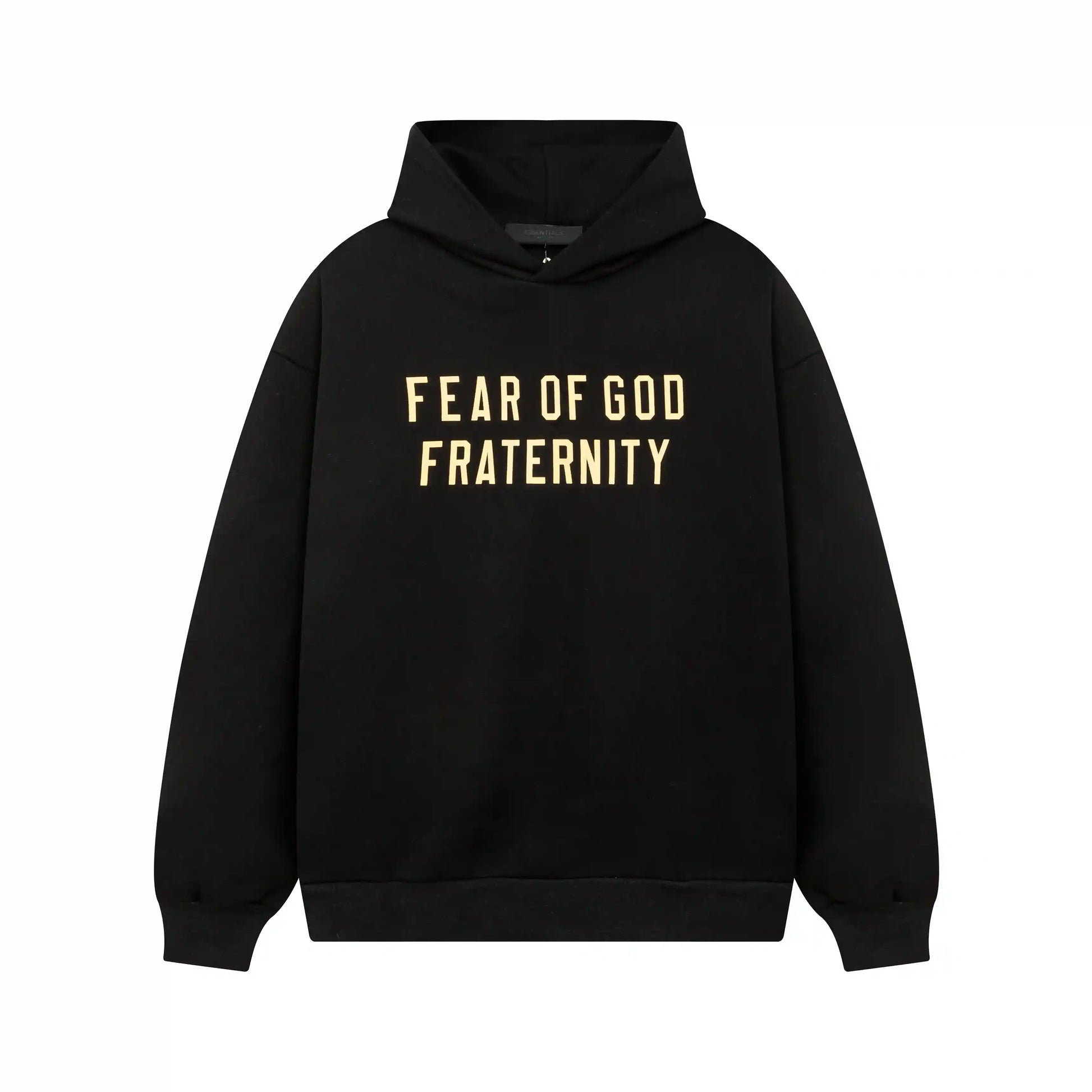 Black Essentials hoodie center front rubberized black bar branding detail