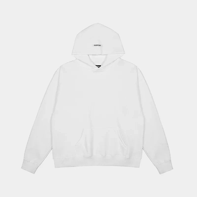 Fear of God Essentials white hoodie front view with rubberized Black Bar branding
