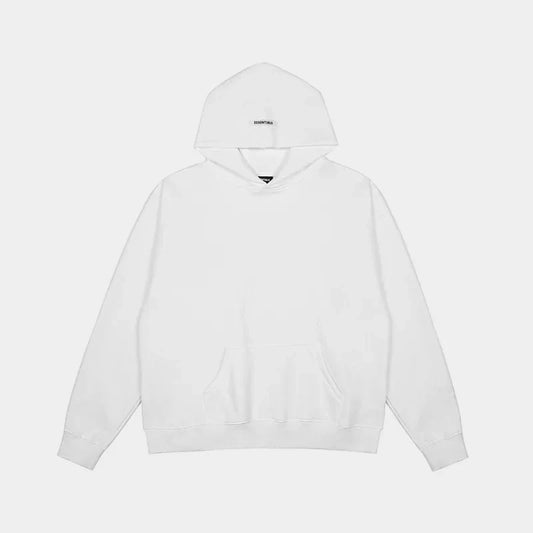 Fear of God Essentials white hoodie front view with rubberized Black Bar branding