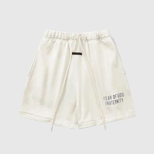 Fear of God Essentials Cloud Dance fleece shorts in light grey with tonal logo and relaxed silhouette