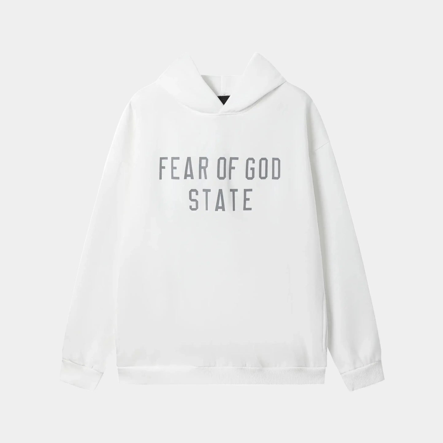 Fear of God Essentials Cloud Dance hoodie front view with rubberized black bar branding