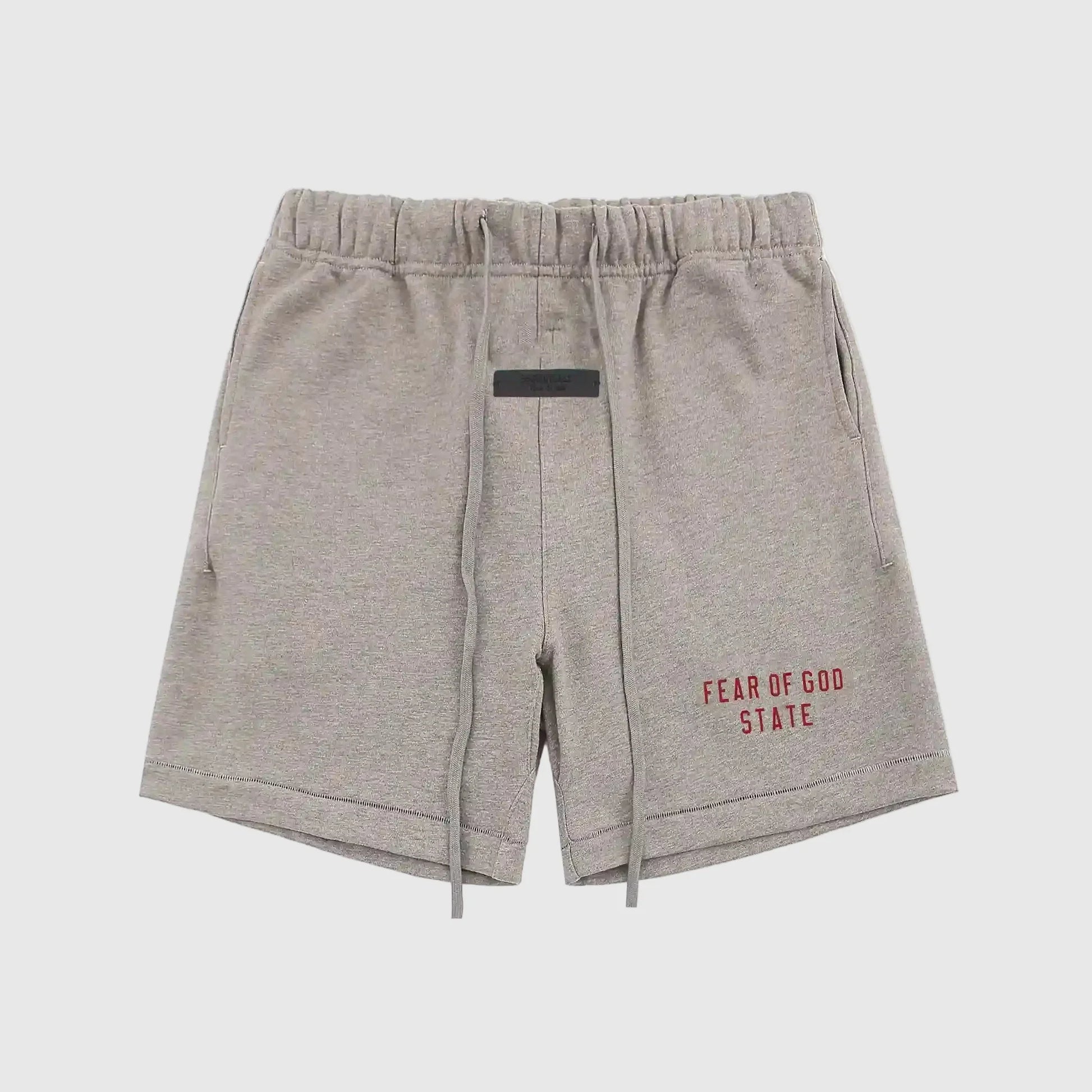 Essentials Light Heather Oatmeal fleece shorts front view – Fear of God