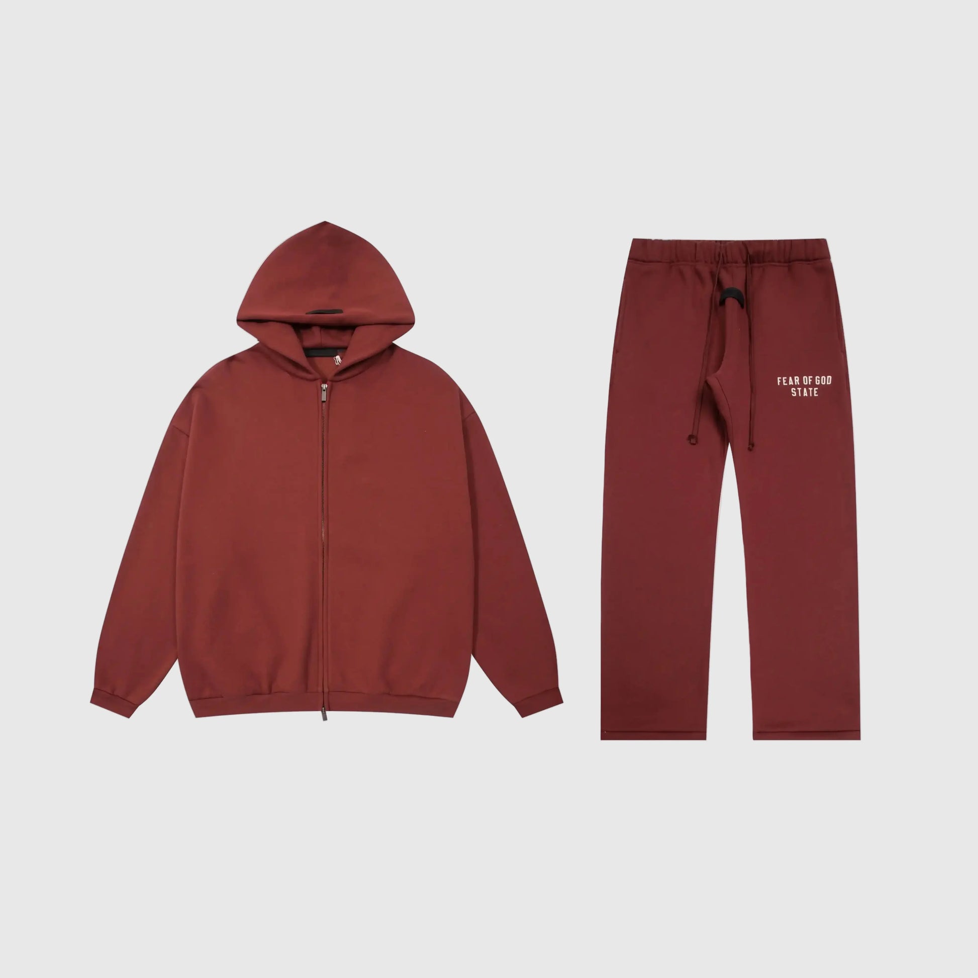 Fear of God Essentials dark chestnut tracksuit front view hoodie and joggers