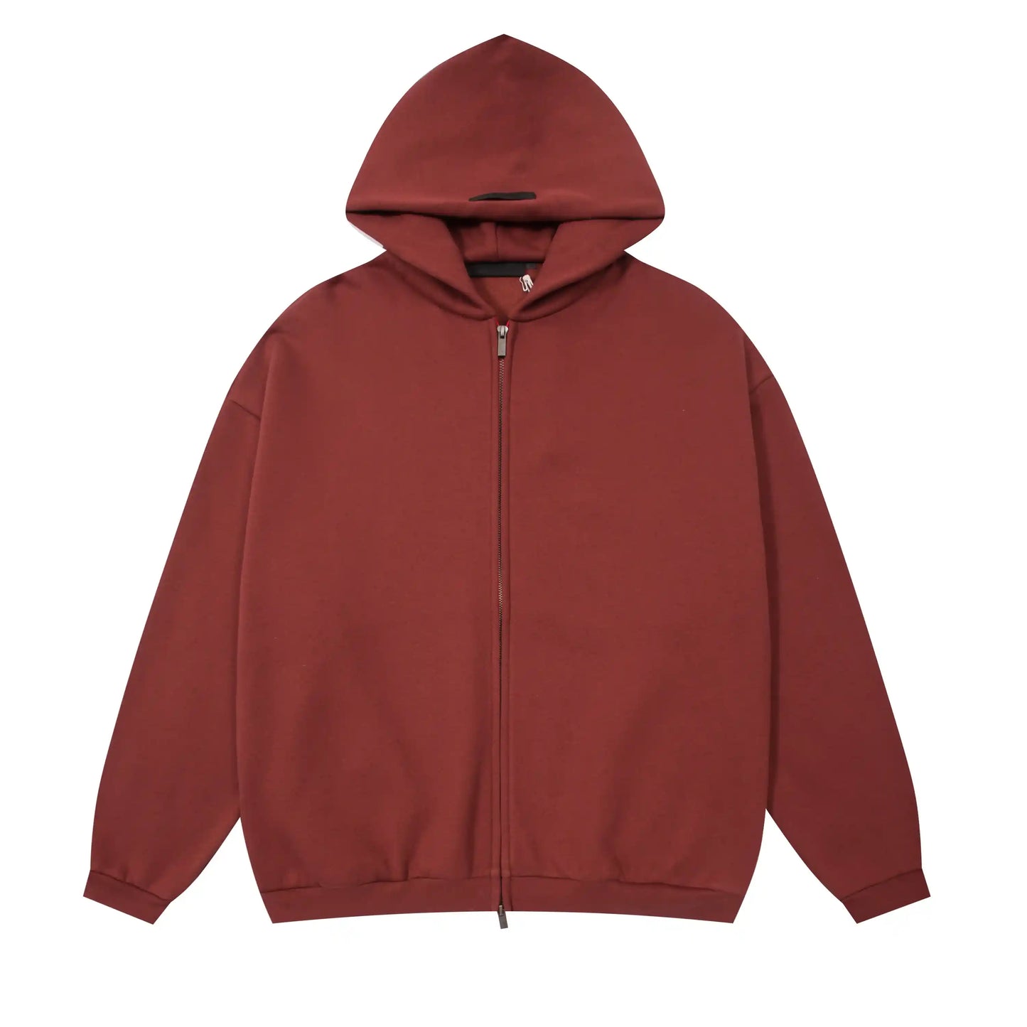 Dark chestnut Essentials hoodie center front rubberized black bar branding detail
