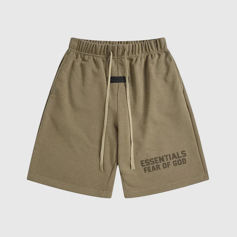 Essentials Dark Beige fleece shorts front view – Fear of God