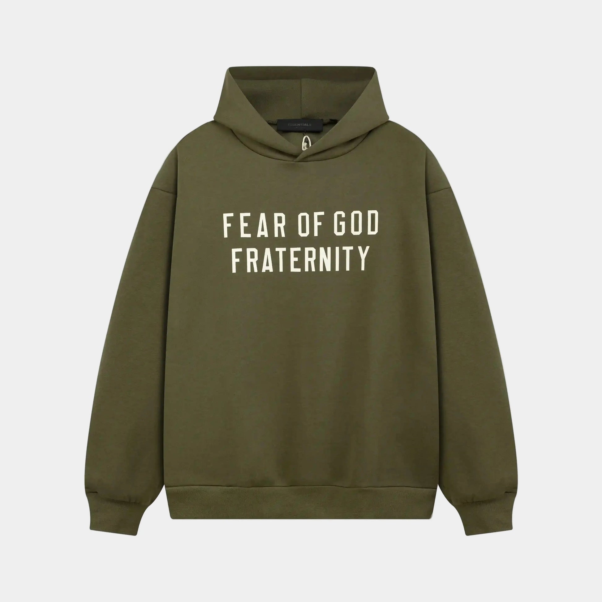 Fear of God Essentials hemlock hoodie front view with rubberized Black Bar branding
