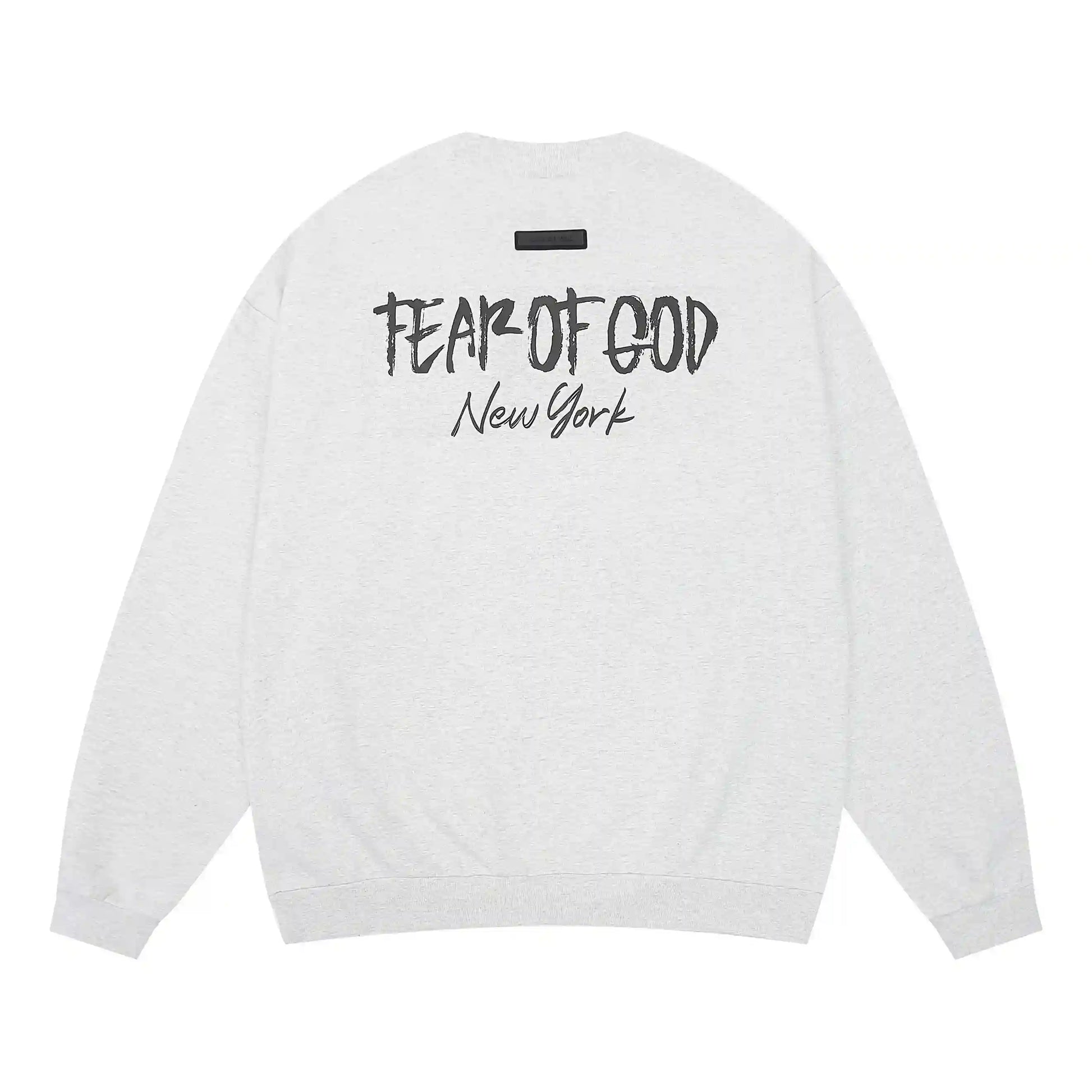 Essentials eggshell sweatshirt back view beveled metallic logo branding