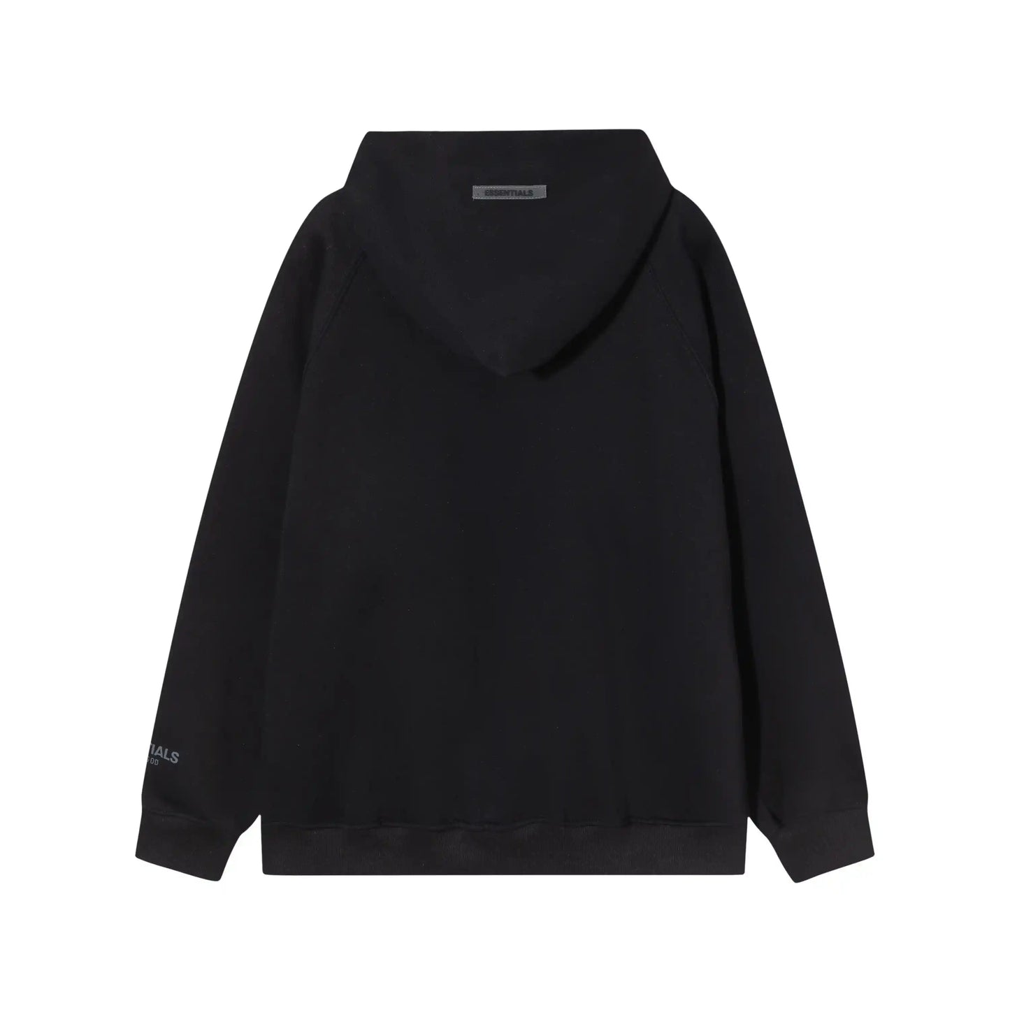 Black Essentials hoodie rib-knit cuff and waist hem detail
