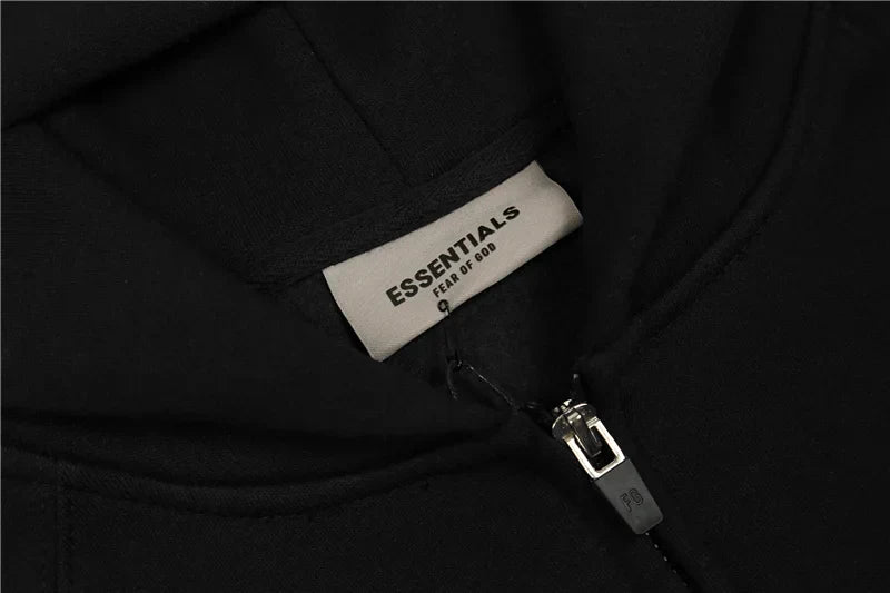 essentials black zip fleece hoodie ribbed cuffs and hem