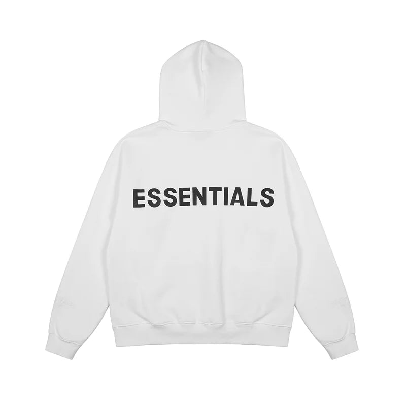 Essentials white hoodie back view relaxed fit heavyweight core fleece