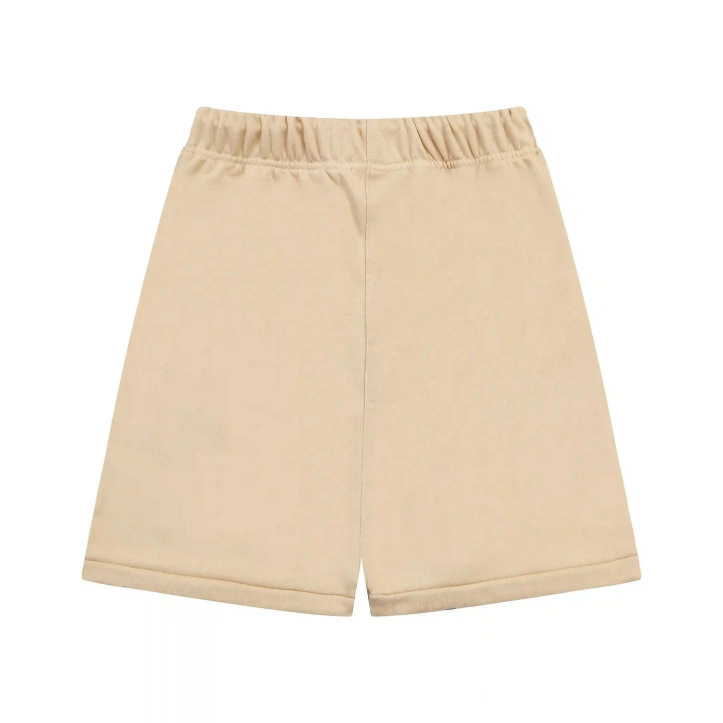 Fear of God Essentials Calm Shell beige fleece shorts with tonal branding and drawcords