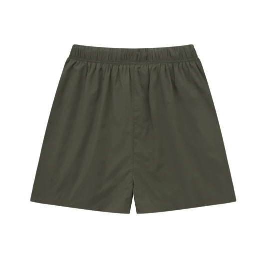 Fear of God Essentials Hemlock fleece shorts in green with tonal branding and relaxed fit
