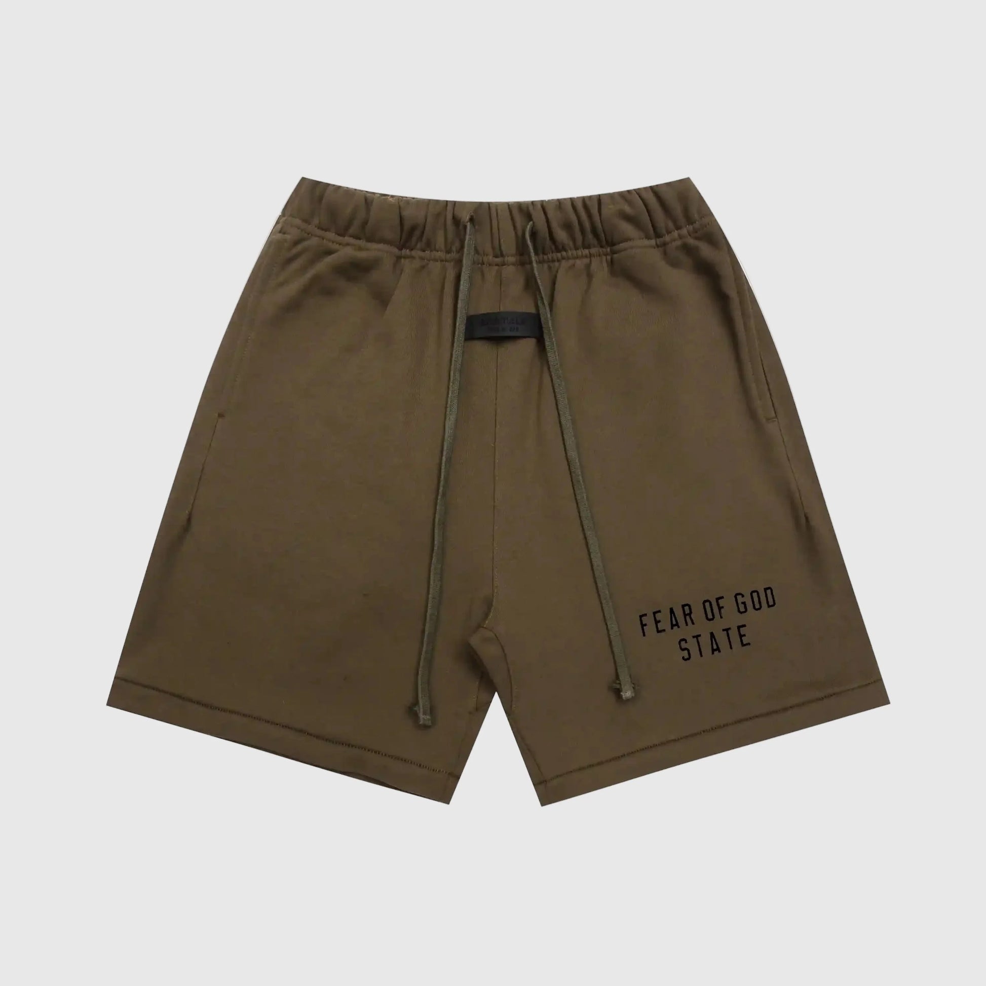 Fear of God Essentials Woodland brown fleece shorts with drawstrings and tonal logo