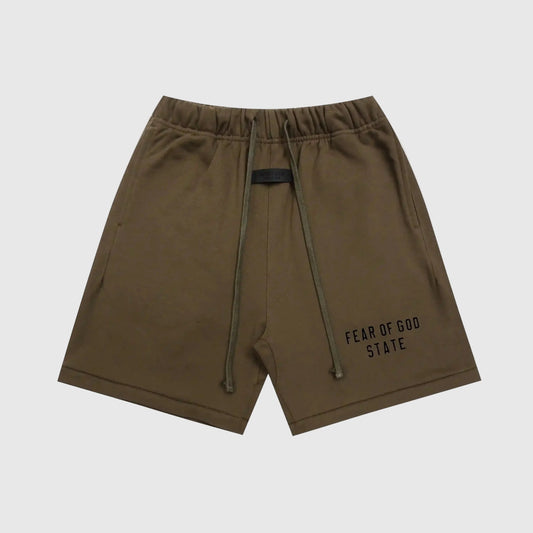 Fear of God Essentials Woodland brown fleece shorts with drawstrings and tonal logo