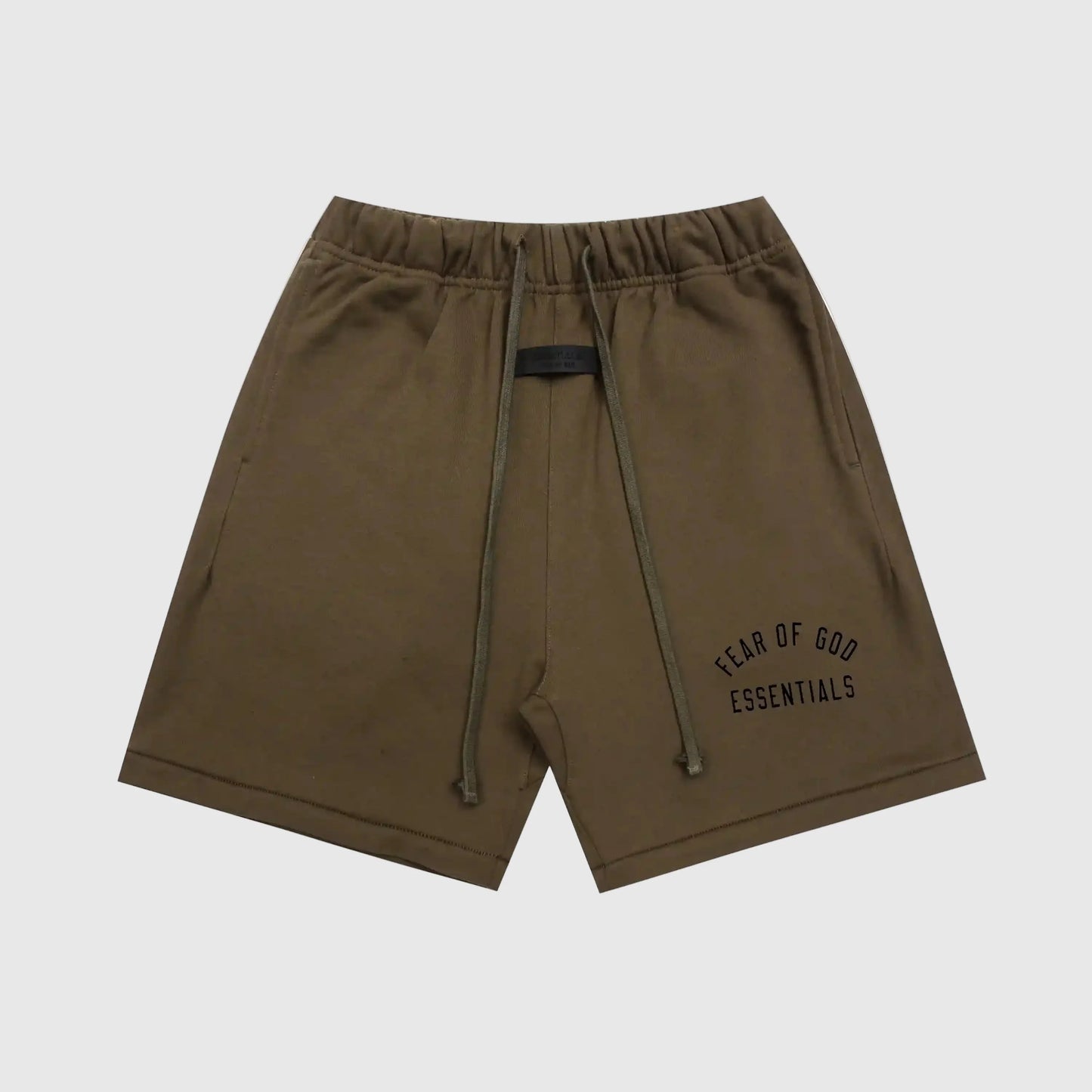 Fear of God Essentials Woodland fleece shorts in brown with tonal branding and drawstring waist
