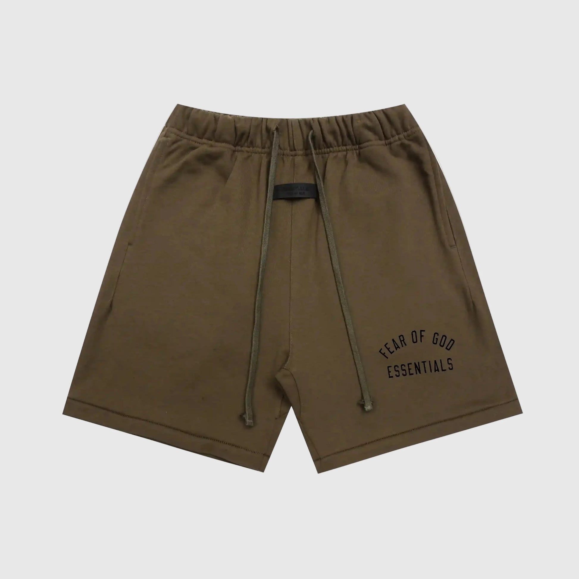 Fear of God Essentials Woodland fleece shorts in brown with tonal branding and drawstring waist