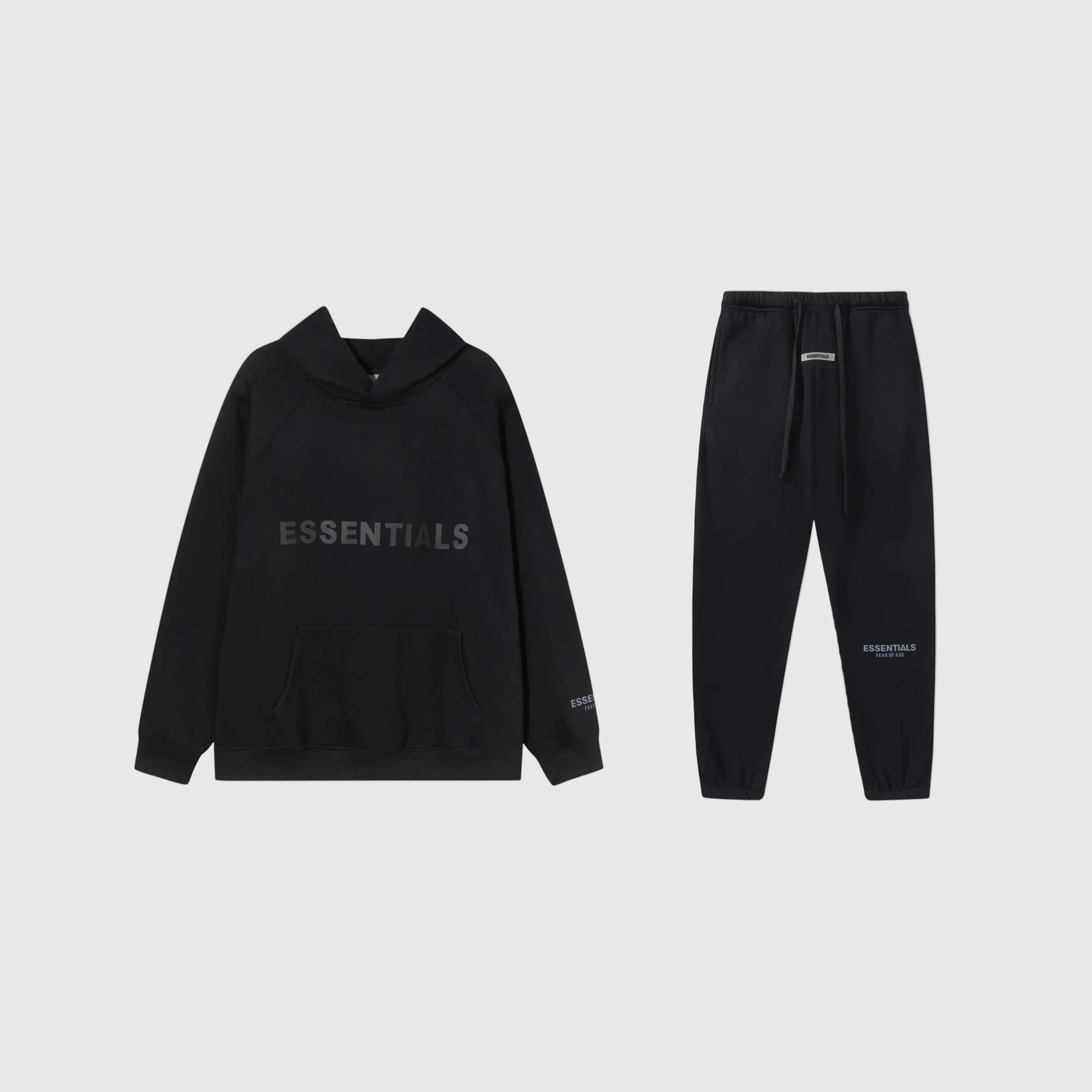 Essentials black everyday ease fleece tracksuit set with relaxed fit by Fear Of God