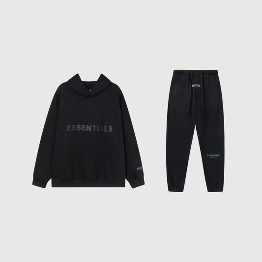 Essentials black everyday ease fleece tracksuit set with relaxed fit by Fear Of God