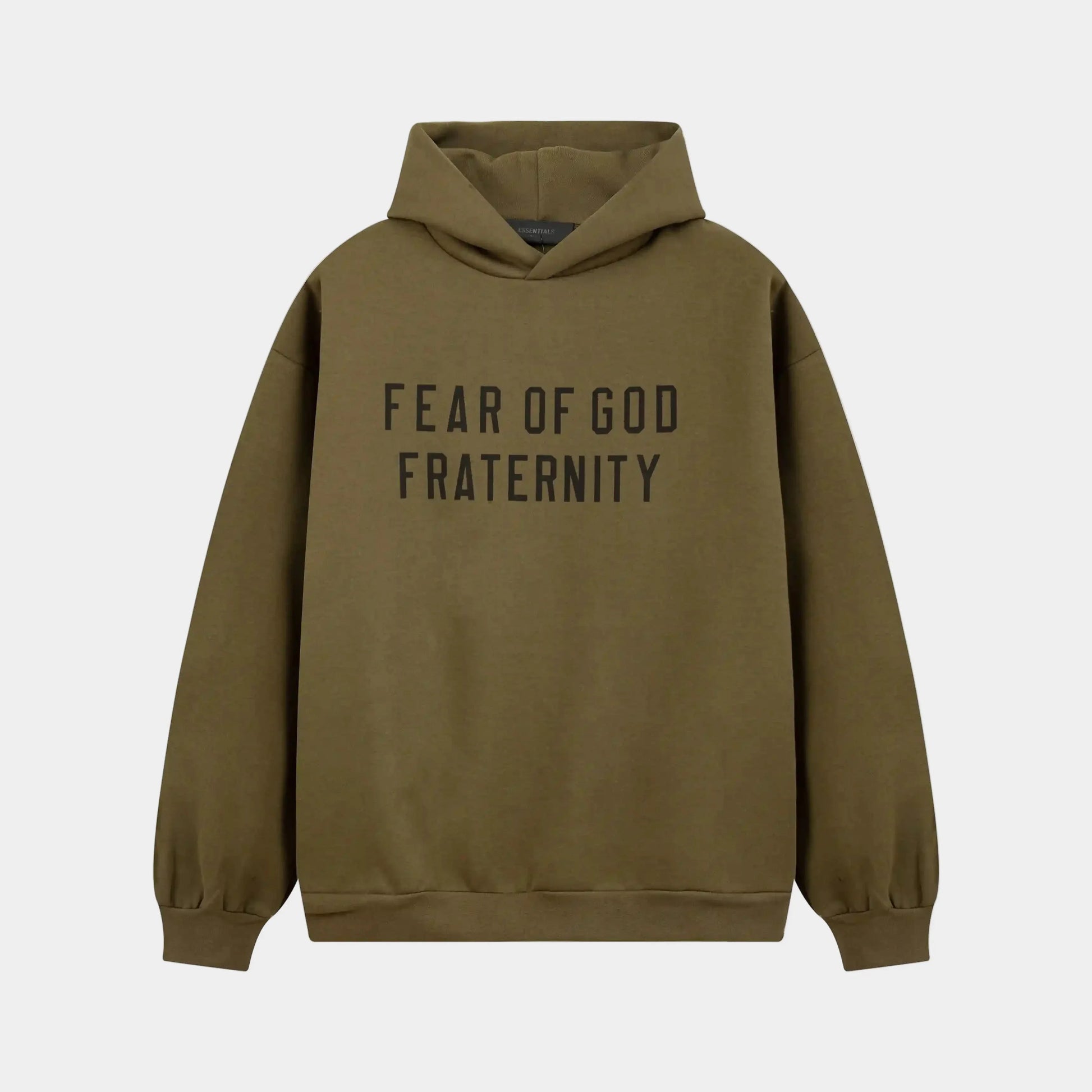 Fear of God Essentials woodland hoodie front view with rubberized Black Bar branding