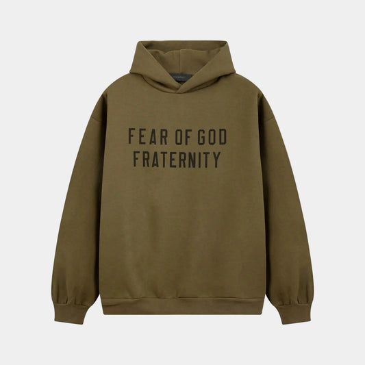 Fear of God Essentials woodland hoodie front view with rubberized Black Bar branding