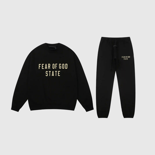 Essentials black core casual fleece tracksuit set with relaxed fit by Fear Of God