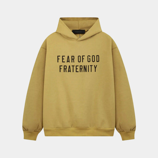 Fear of God Essentials Garden Yellow hoodie front view with rubberized black bar branding