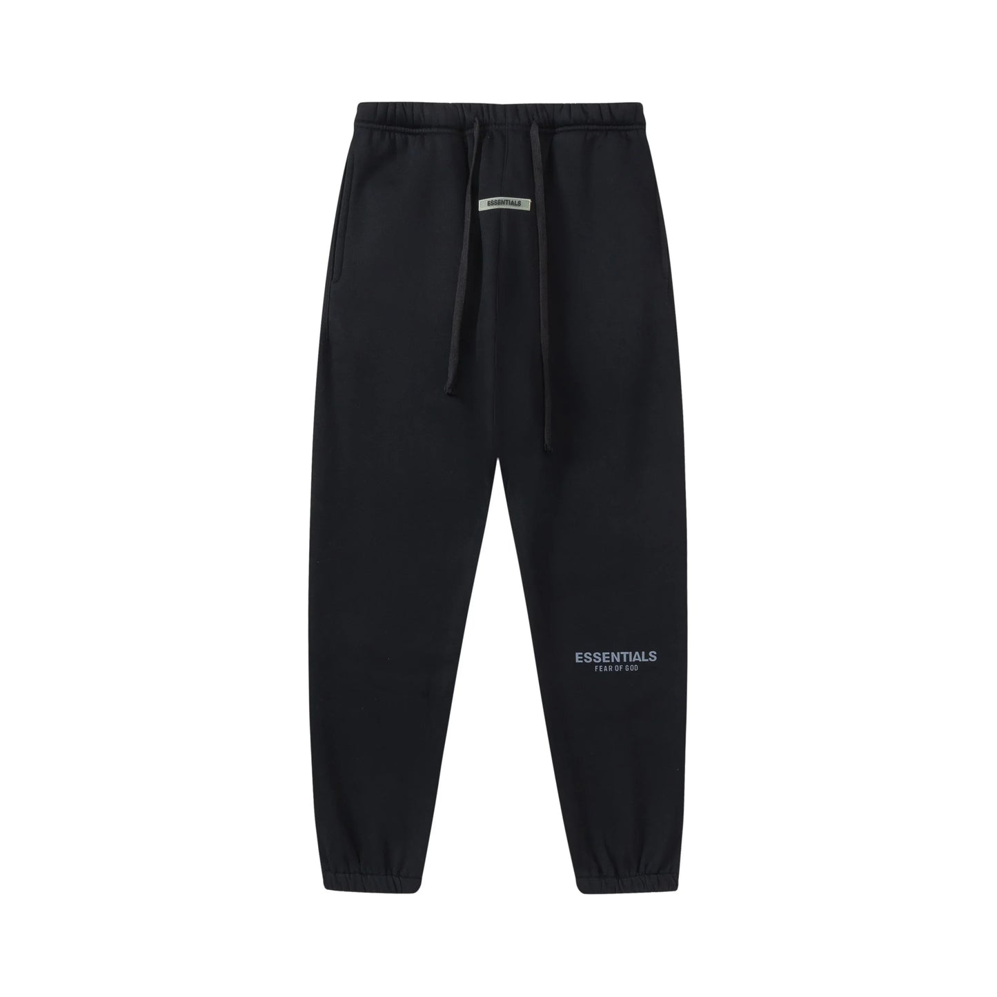 Back view of Essentials black everyday ease fleece tracksuit set by Fear Of God