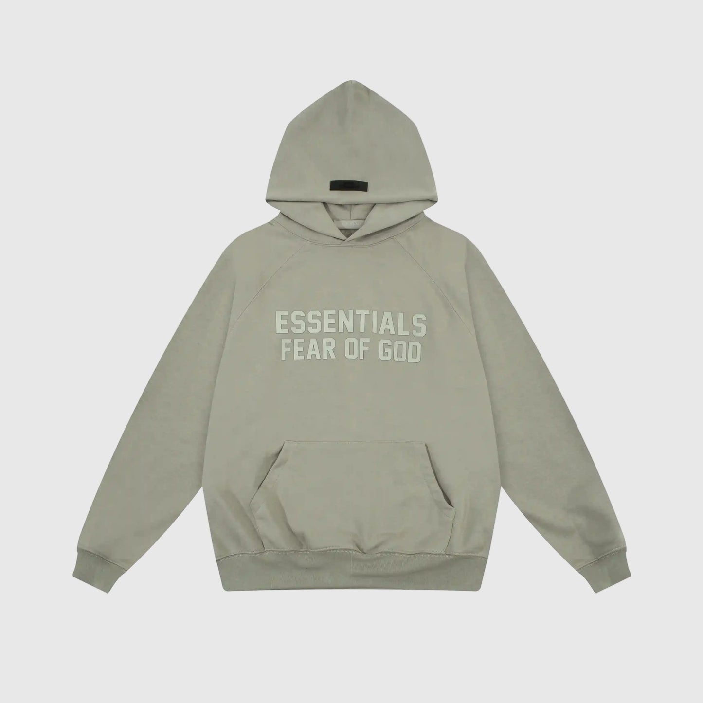 Fear of God Essentials grey hoodie front view with rubberized black bar branding