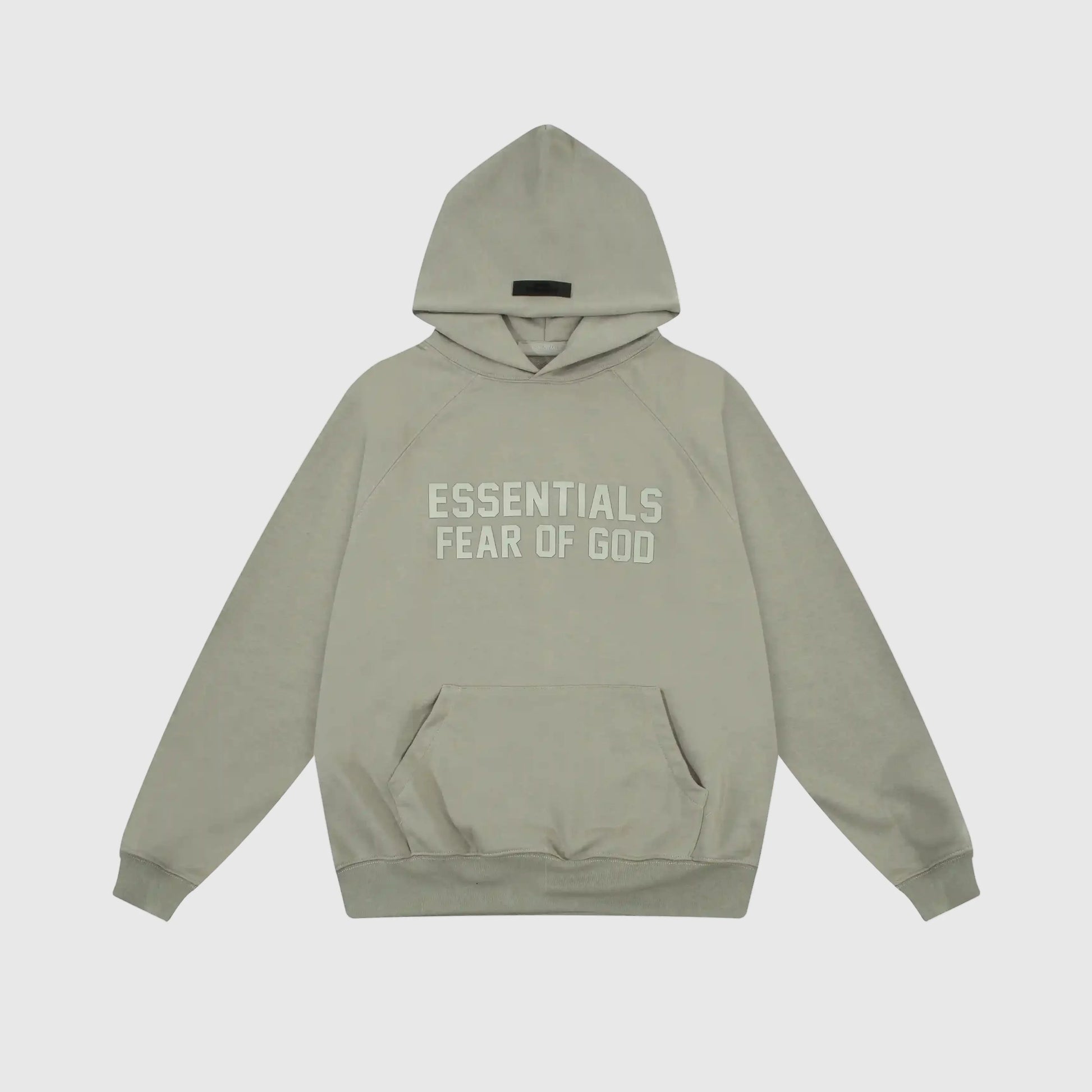 Fear of God Essentials grey hoodie front view with rubberized black bar branding