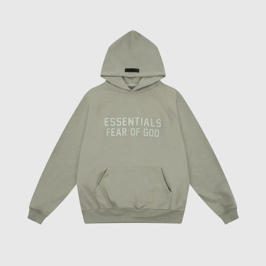 Fear of God Essentials grey hoodie front view with rubberized black bar branding