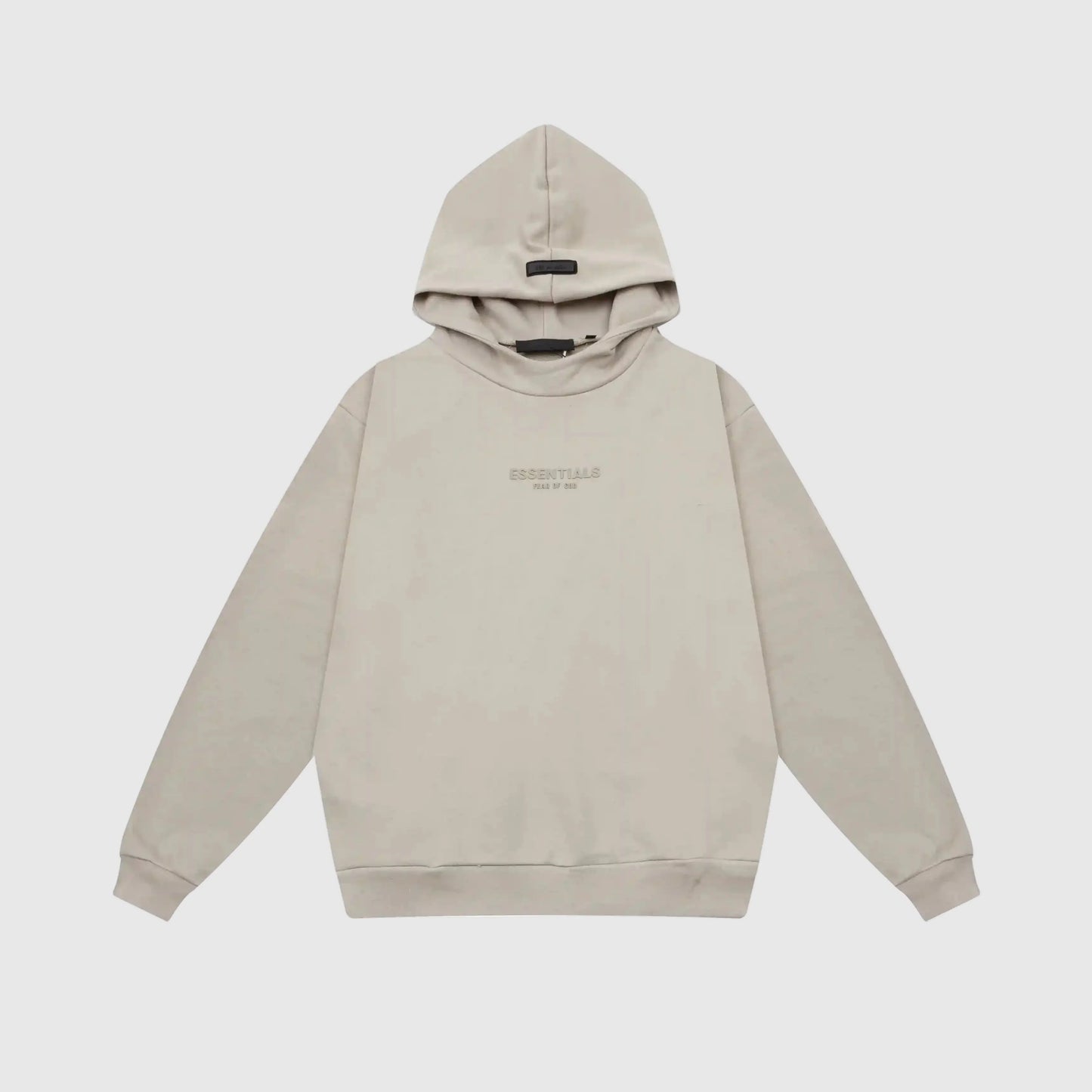 Fear of God Essentials cement hoodie front view with rubberized black bar branding