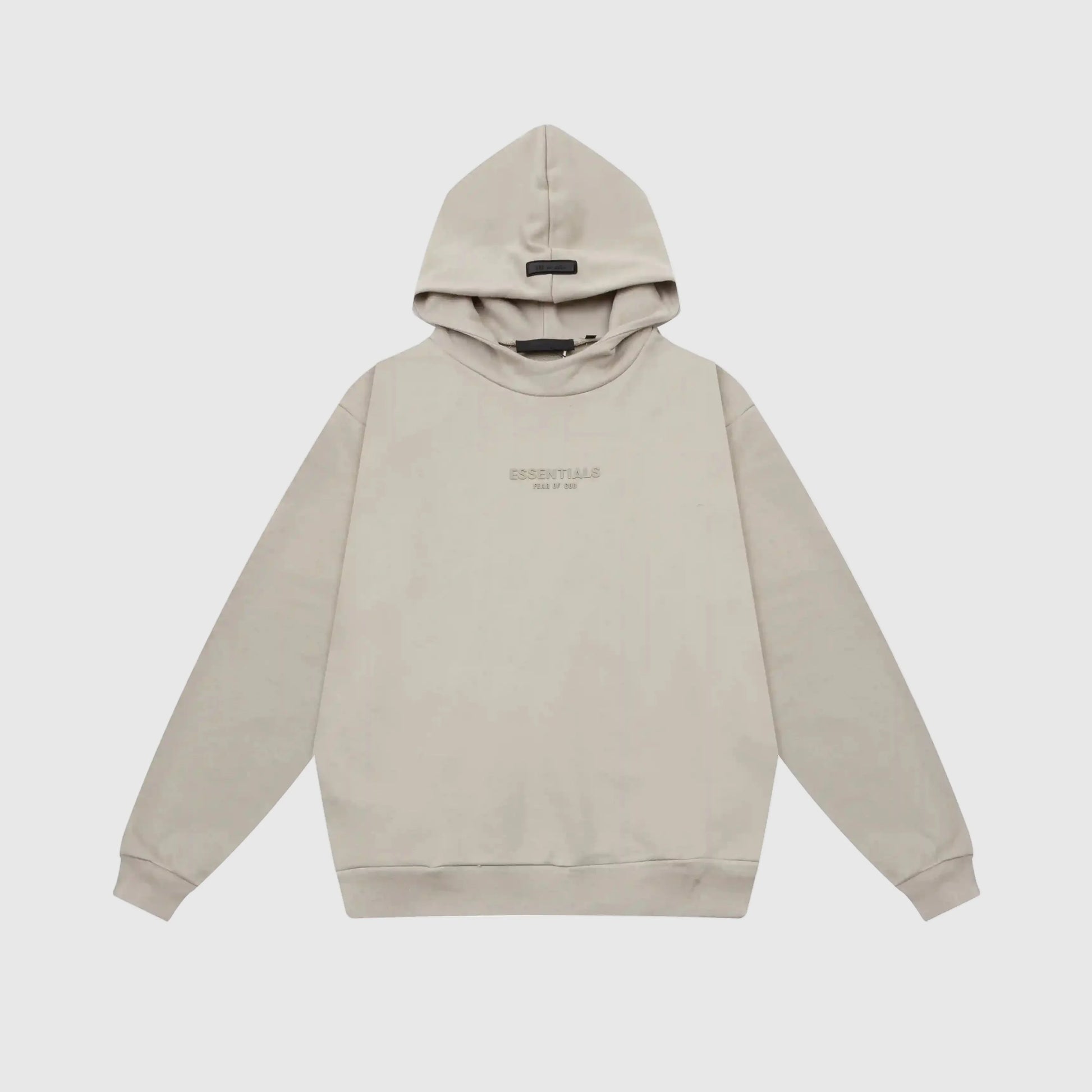 Fear of God Essentials cement hoodie front view with rubberized black bar branding