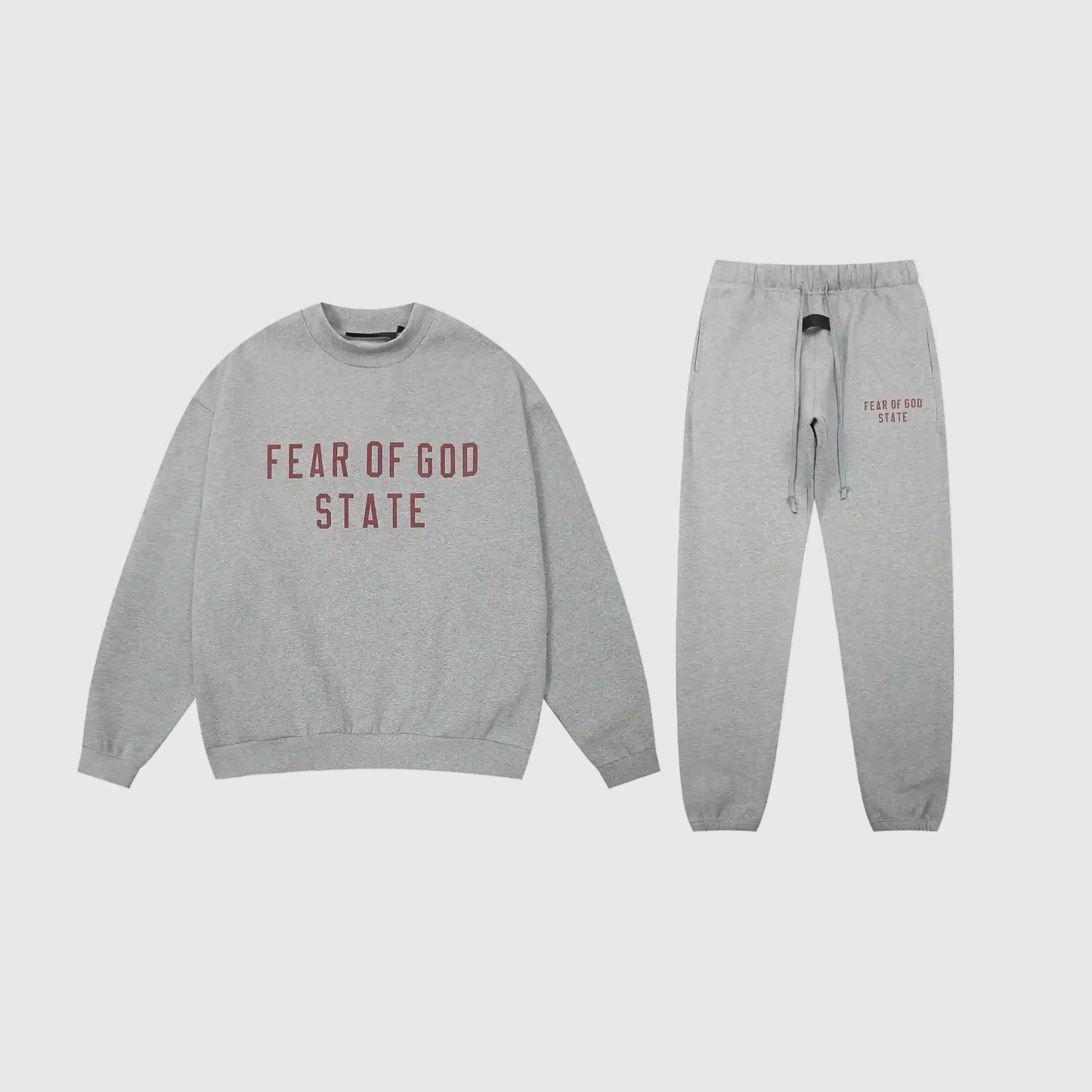 Fear of God Essentials dark heather oatmeal tracksuit front view crewneck and joggers