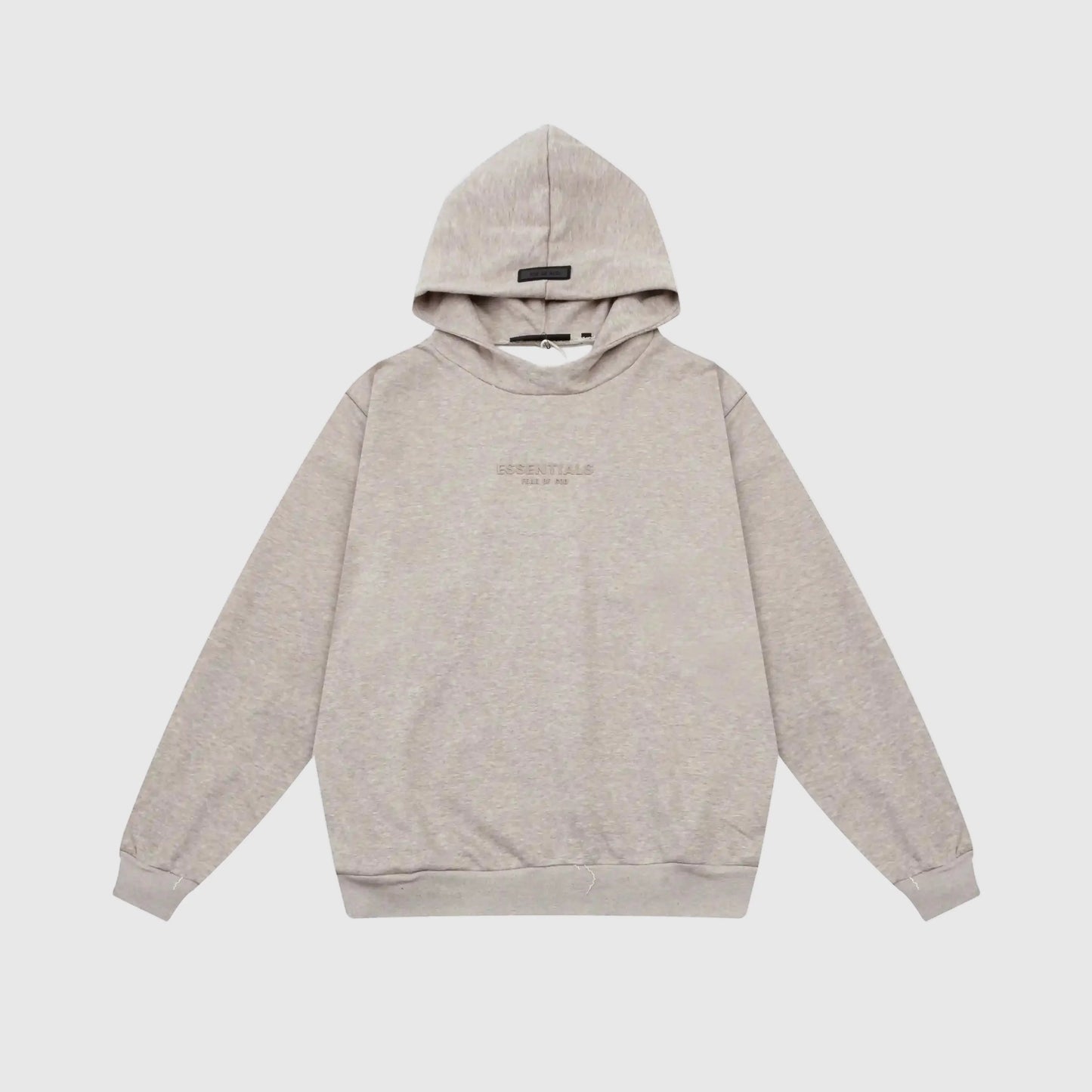 Fear of God Essentials heathered grey hoodie front view with rubberized black bar branding