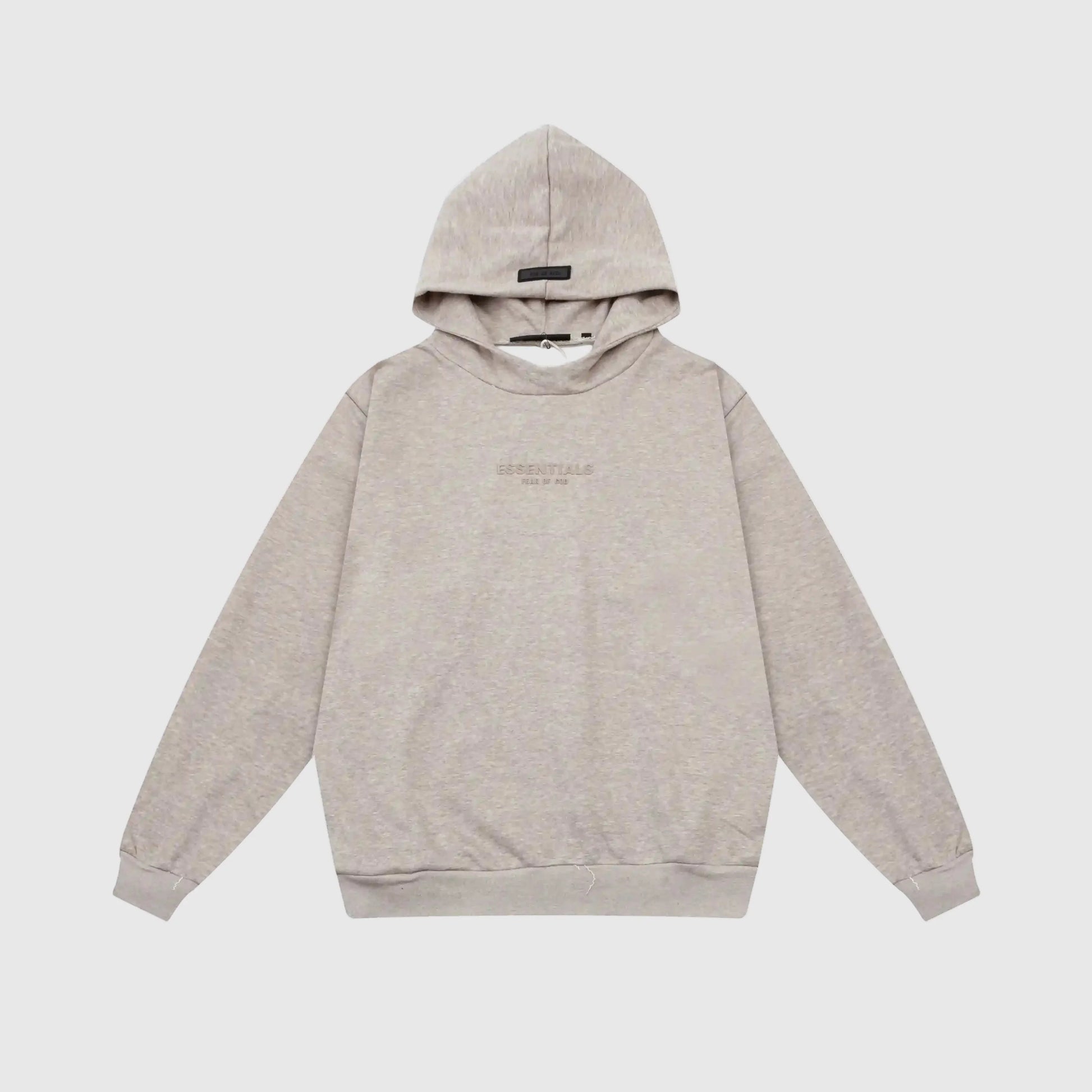 Fear of God Essentials heathered grey hoodie front view with rubberized black bar branding