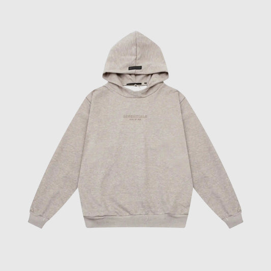 Fear of God Essentials heathered grey hoodie front view with rubberized black bar branding